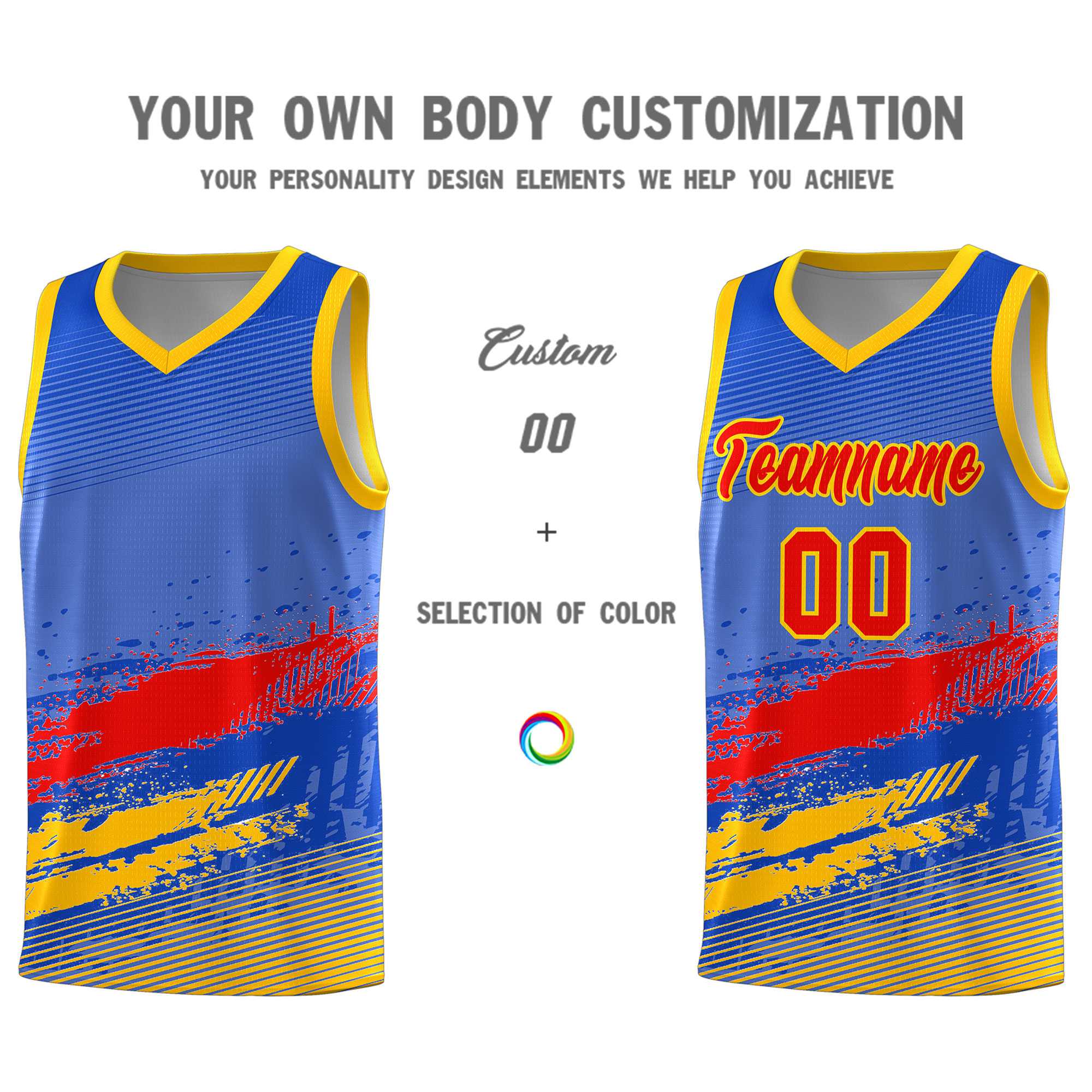 Custom Royal Red and Yellow Graffiti Pattern Sports Uniform Basketball Jersey