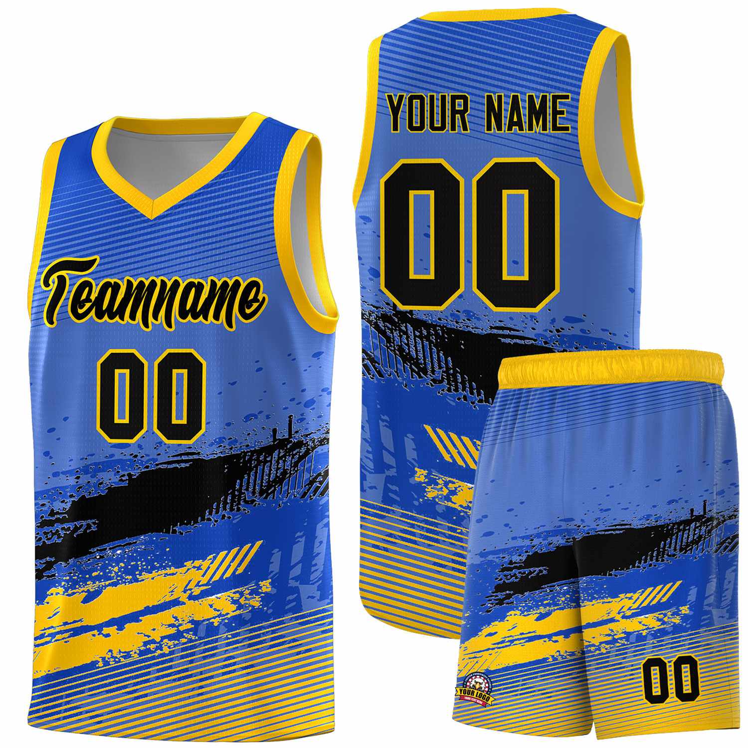 Custom Royal Black and Yellow Graffiti Pattern Sports Uniform Basketball Jersey