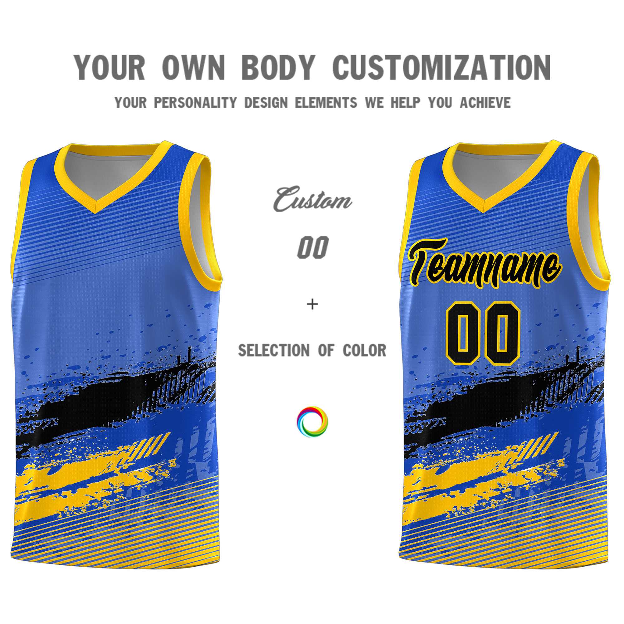 Custom Royal Black and Yellow Graffiti Pattern Sports Uniform Basketball Jersey