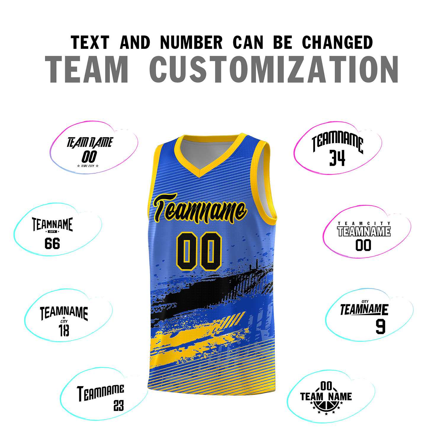 Custom Royal Black and Yellow Graffiti Pattern Sports Uniform Basketball Jersey