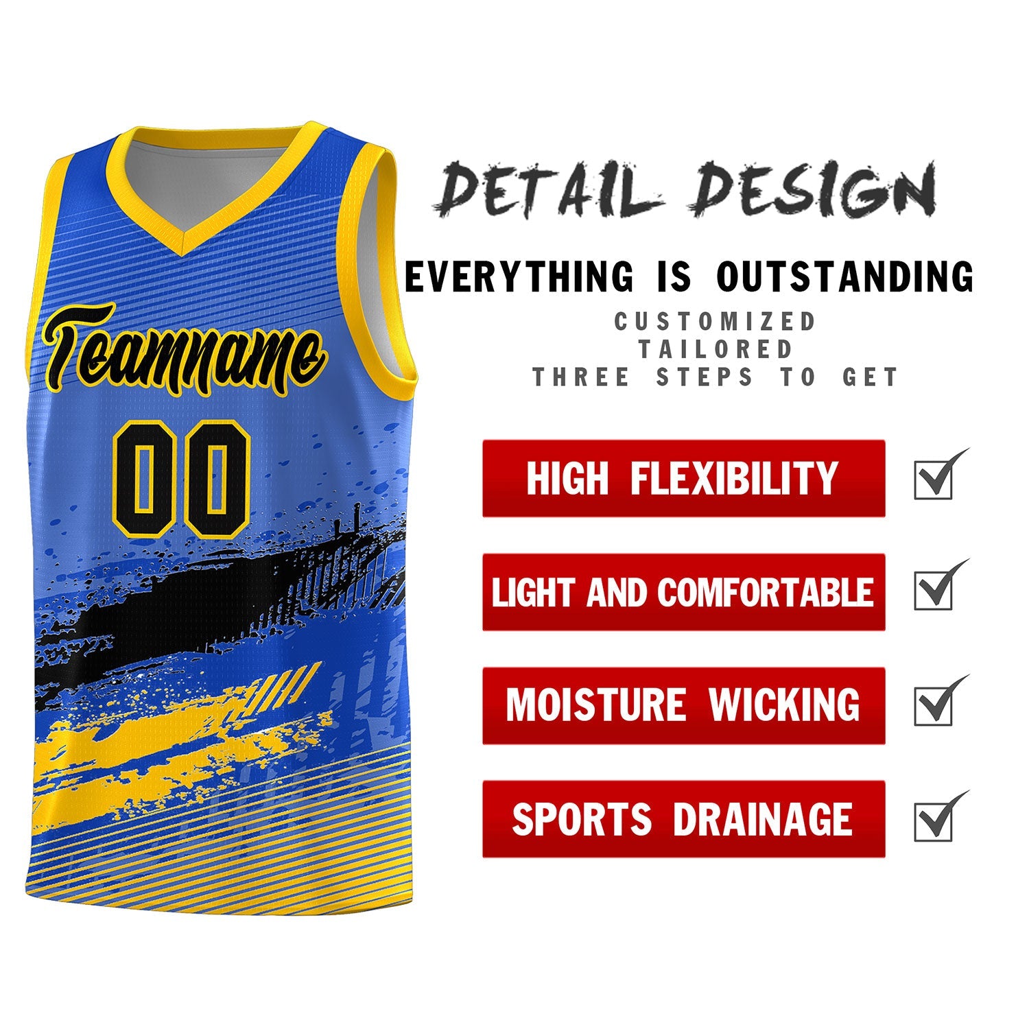 Custom Royal Black and Yellow Graffiti Pattern Sports Uniform Basketball Jersey