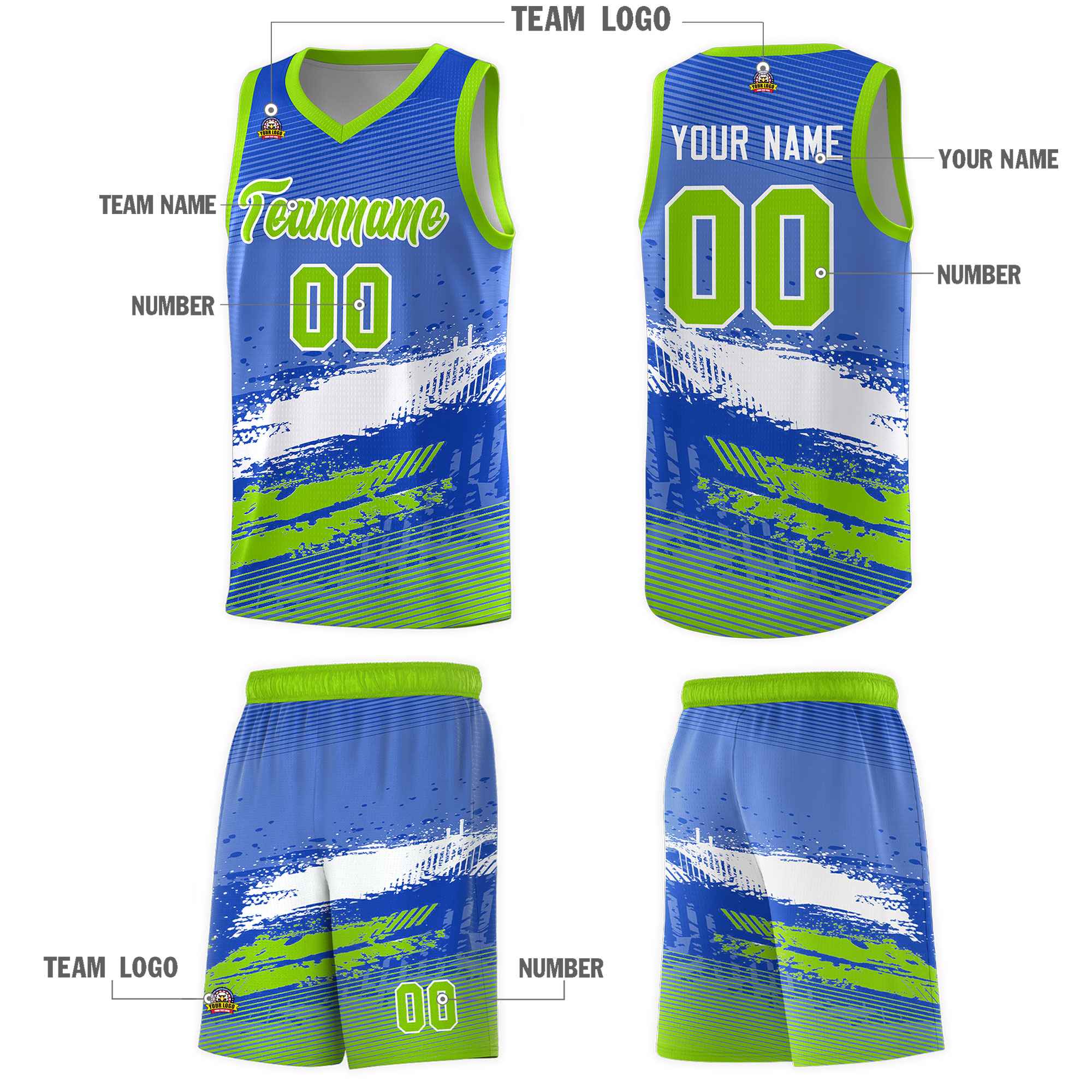 Custom Royal White and Neon Green Graffiti Pattern Sports Uniform Basketball Jersey