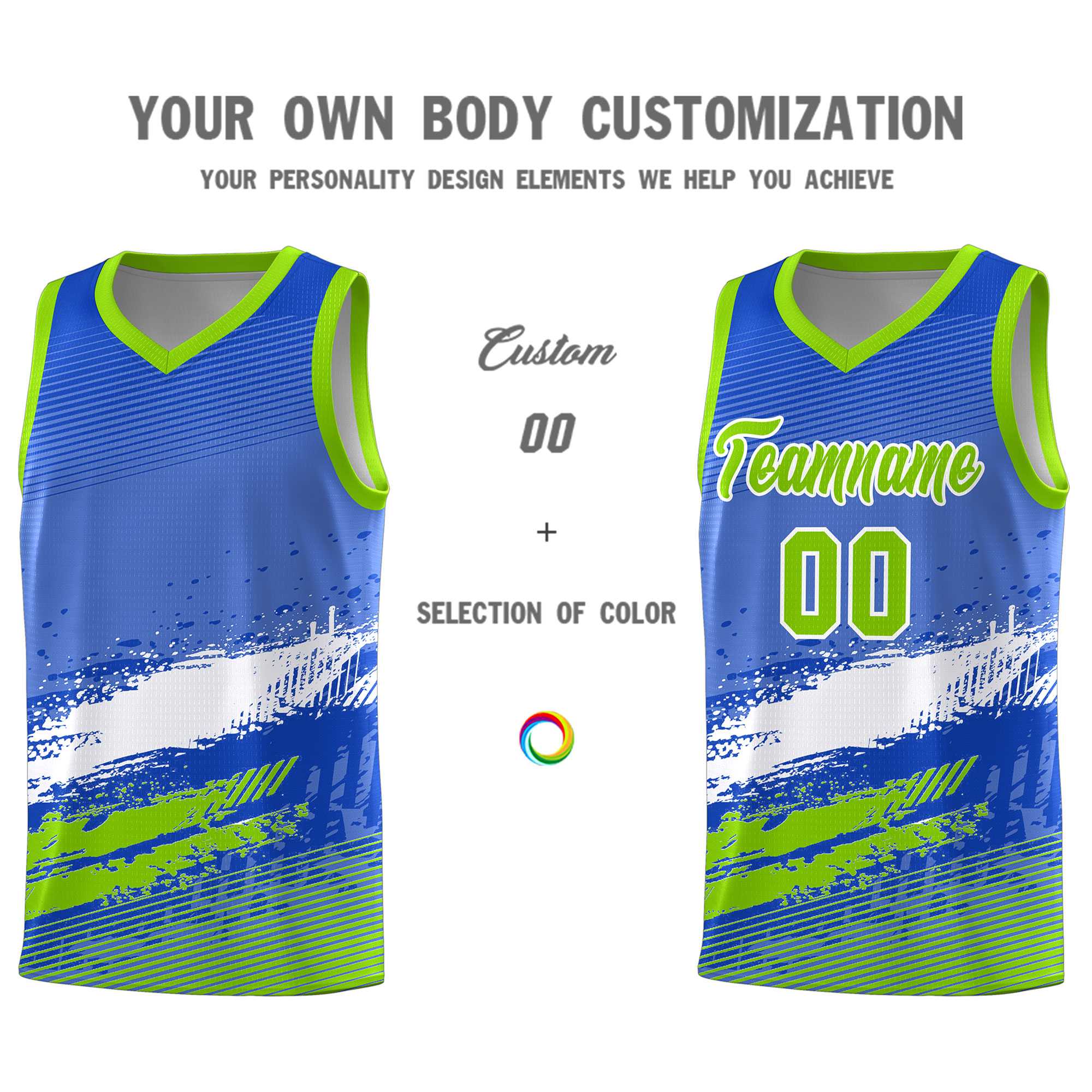 Custom Royal White and Neon Green Graffiti Pattern Sports Uniform Basketball Jersey