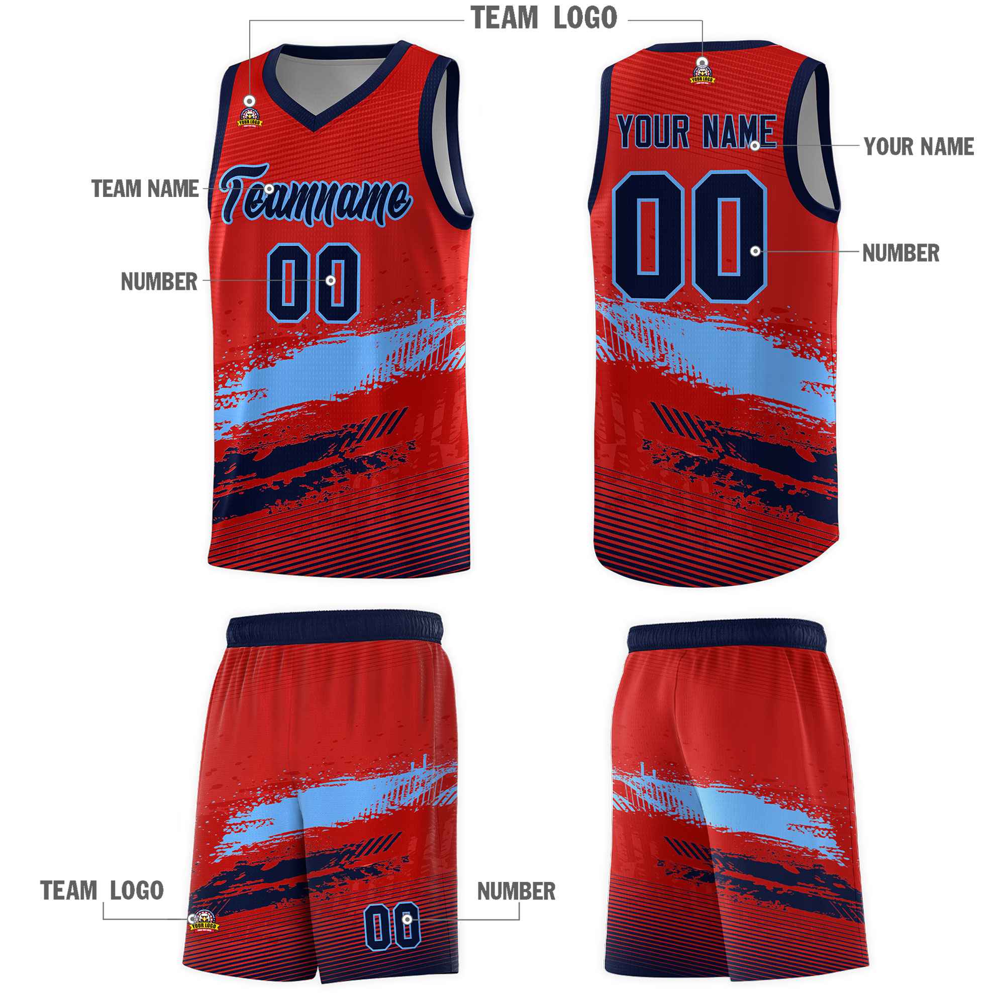 Custom Red Powder Blue and Navy Graffiti Pattern Sports Uniform Basketball Jersey