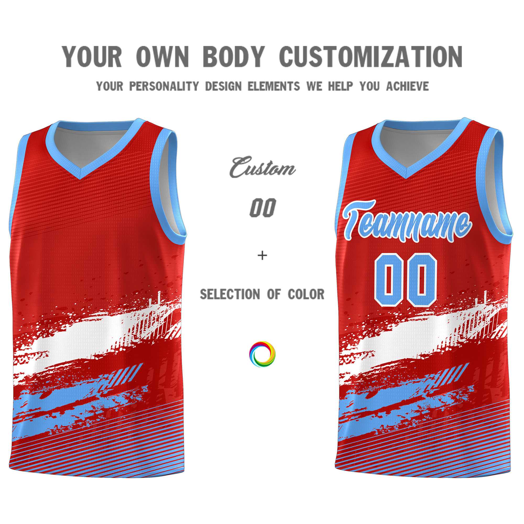 Custom Red White and Powder Blue Graffiti Pattern Sports Uniform Basketball Jersey