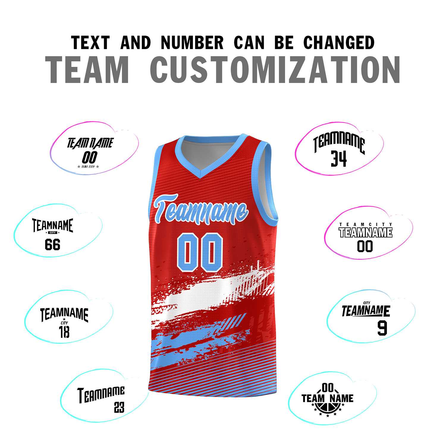 Custom Red White and Powder Blue Graffiti Pattern Sports Uniform Basketball Jersey