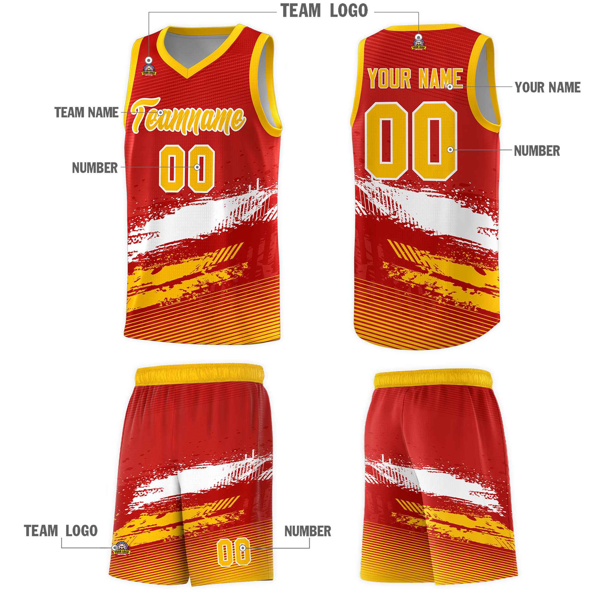 Custom Red White and Yellow Graffiti Pattern Sports Uniform Basketball Jersey