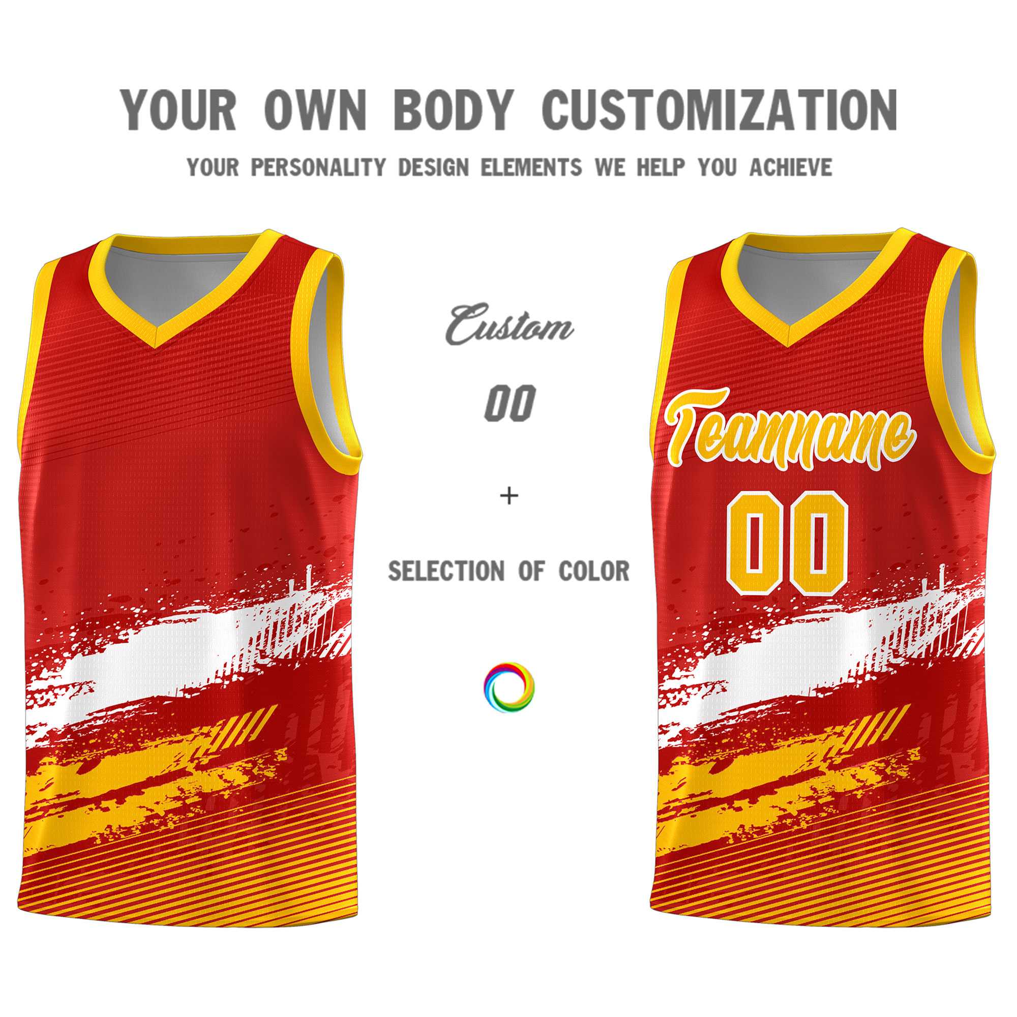 Custom Red White and Yellow Graffiti Pattern Sports Uniform Basketball Jersey