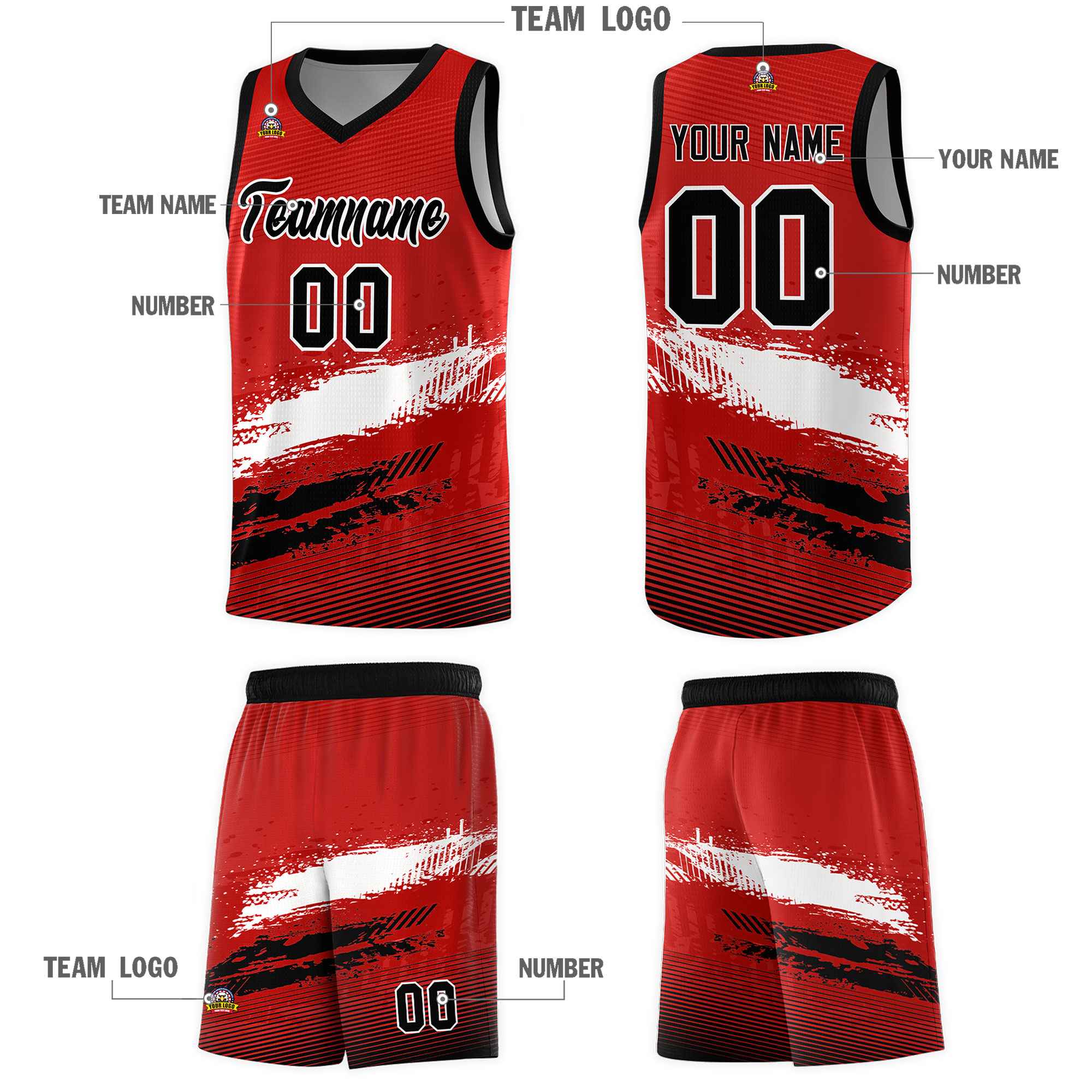 Custom Red White and Black Graffiti Pattern Sports Uniform Basketball Jersey