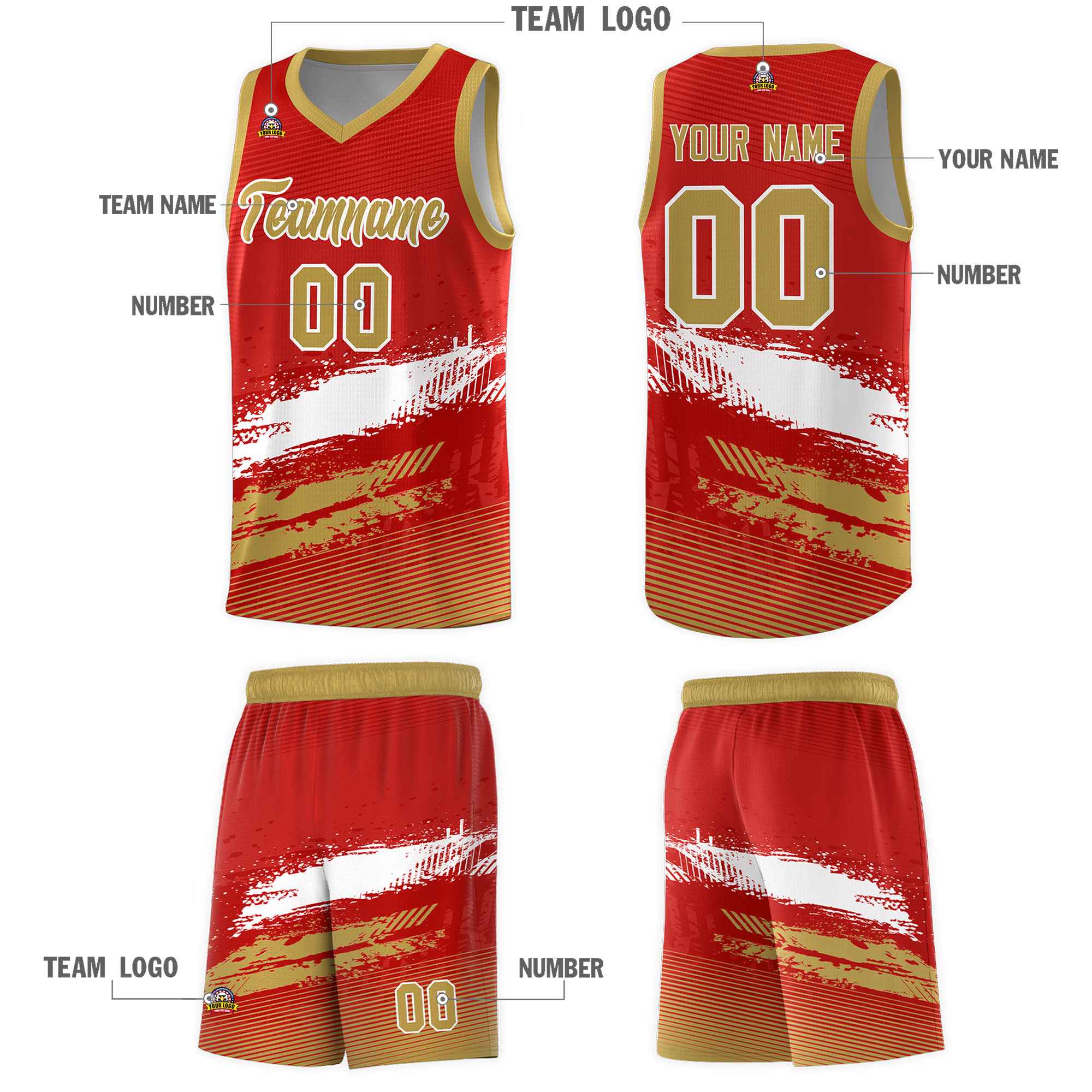 Custom Red White and Old Gold Graffiti Pattern Sports Uniform Basketball Jersey