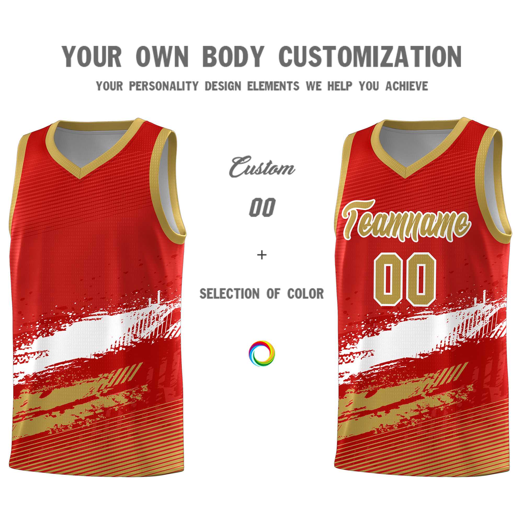 Custom Red White and Old Gold Graffiti Pattern Sports Uniform Basketball Jersey