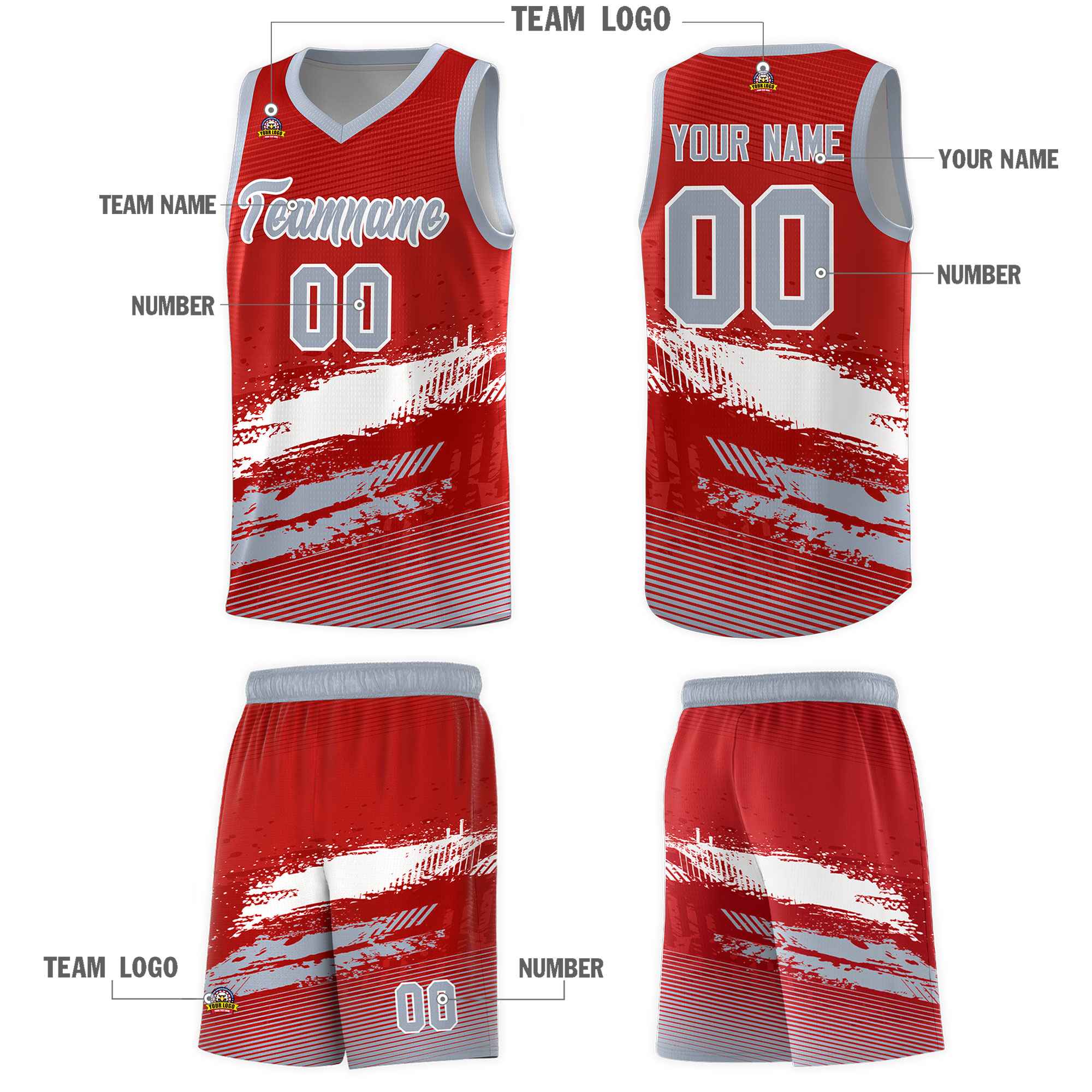 Custom Red White and Gray Graffiti Pattern Sports Uniform Basketball Jersey