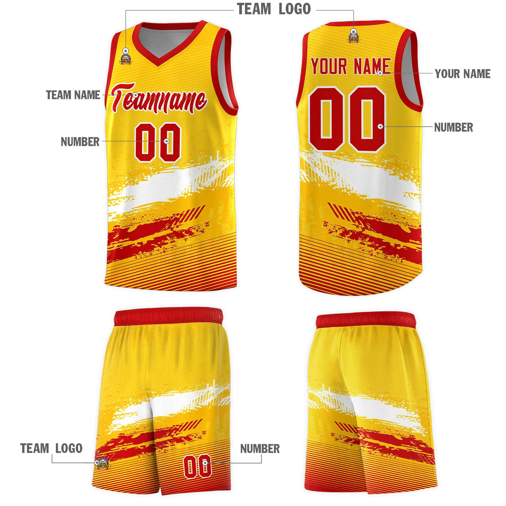 Custom Yellow White and Red Graffiti Pattern Sports Uniform Basketball Jersey