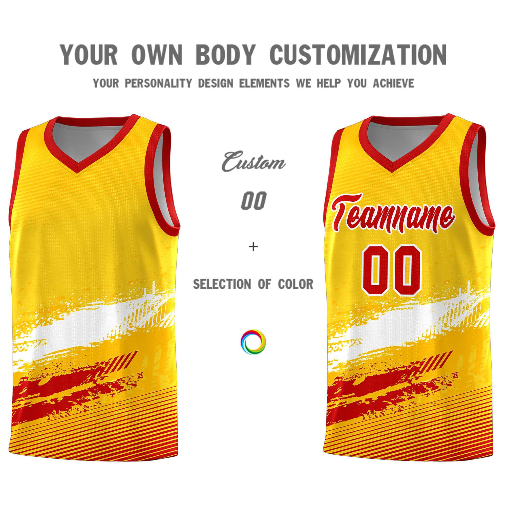 Custom Yellow White and Red Graffiti Pattern Sports Uniform Basketball Jersey