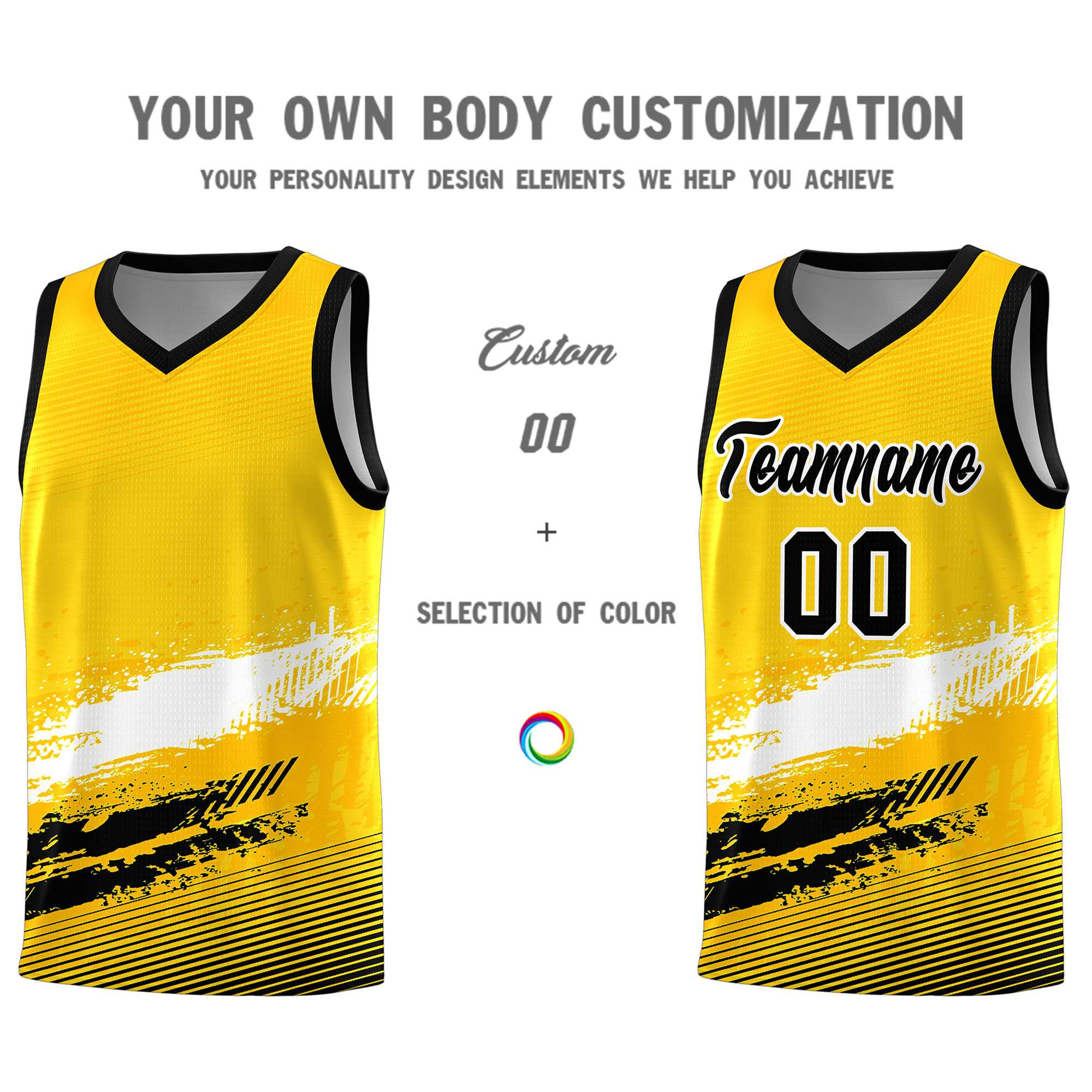 Custom Yellow White and Black Graffiti Pattern Sports Uniform Basketball Jersey