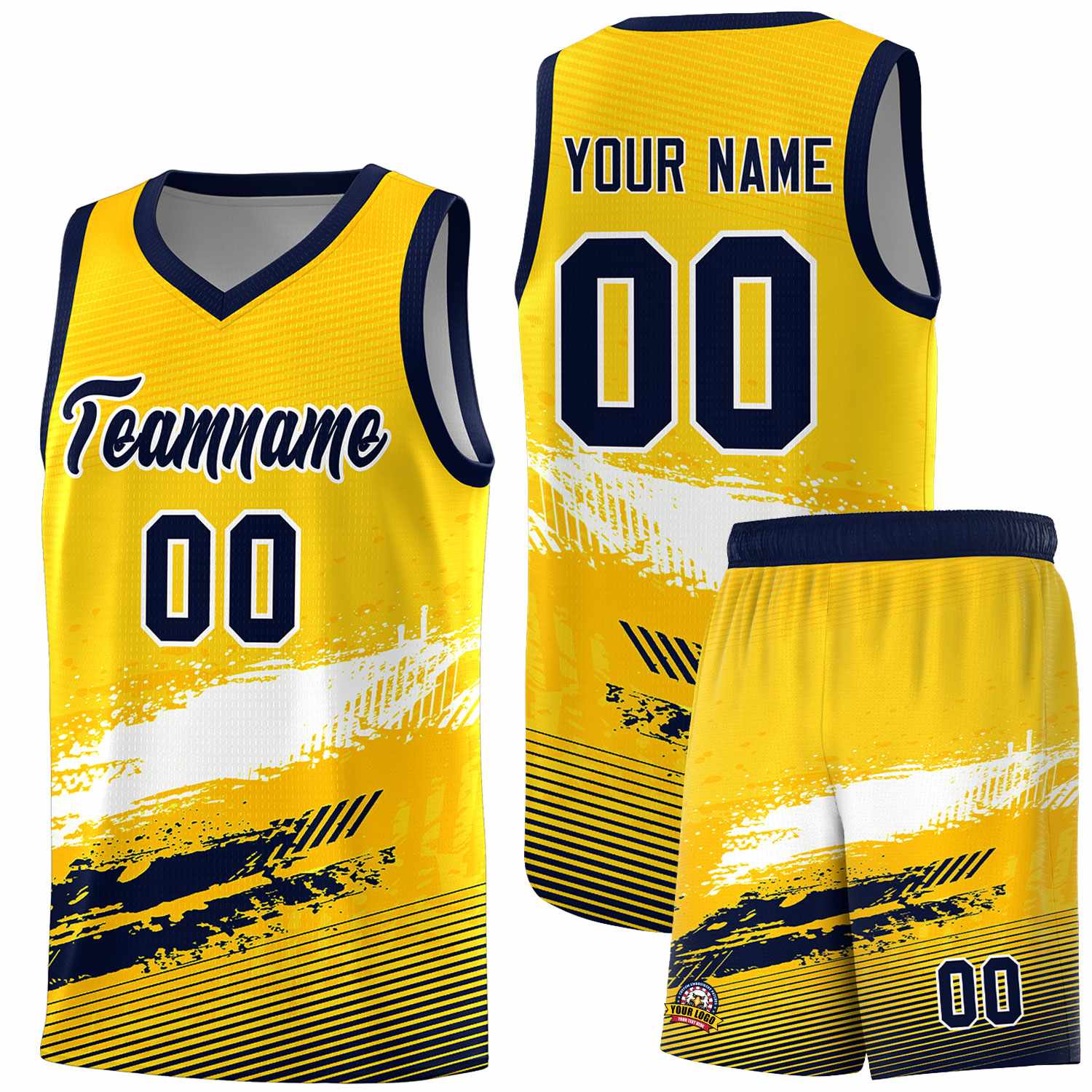 Custom Yellow White and Navy Graffiti Pattern Sports Uniform Basketball Jersey