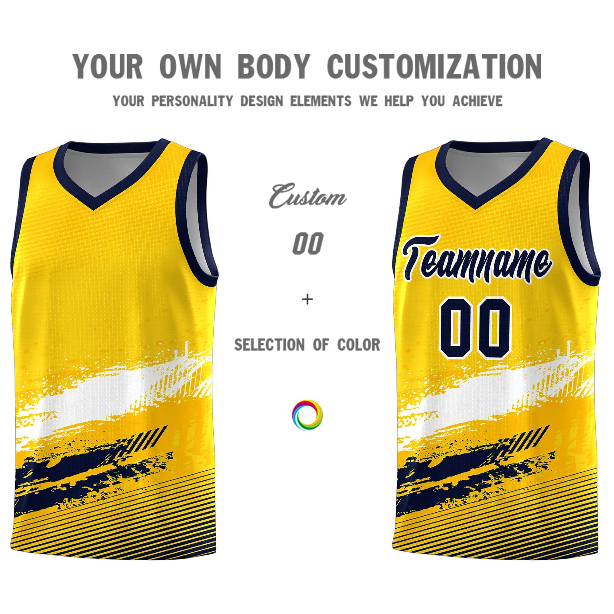 Custom Yellow White and Navy Graffiti Pattern Sports Uniform Basketball Jersey