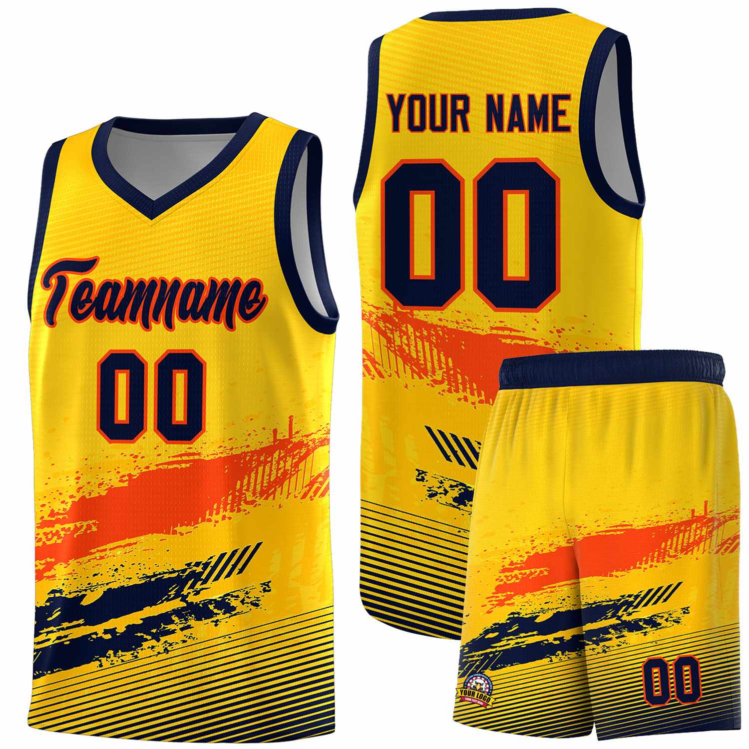 Custom Yellow Orange and Navy Graffiti Pattern Sports Uniform Basketball Jersey