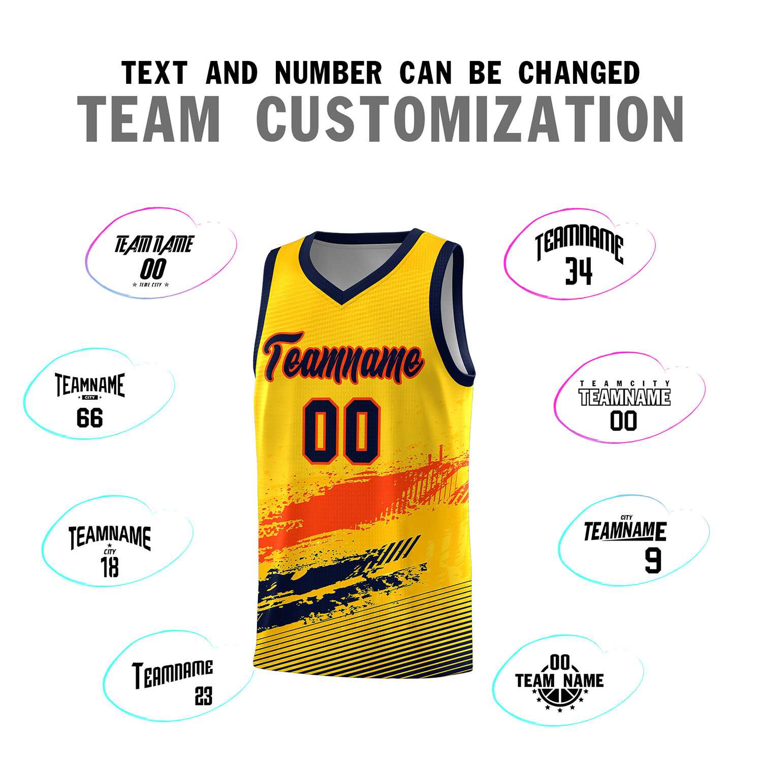 Custom Yellow Orange and Navy Graffiti Pattern Sports Uniform Basketball Jersey