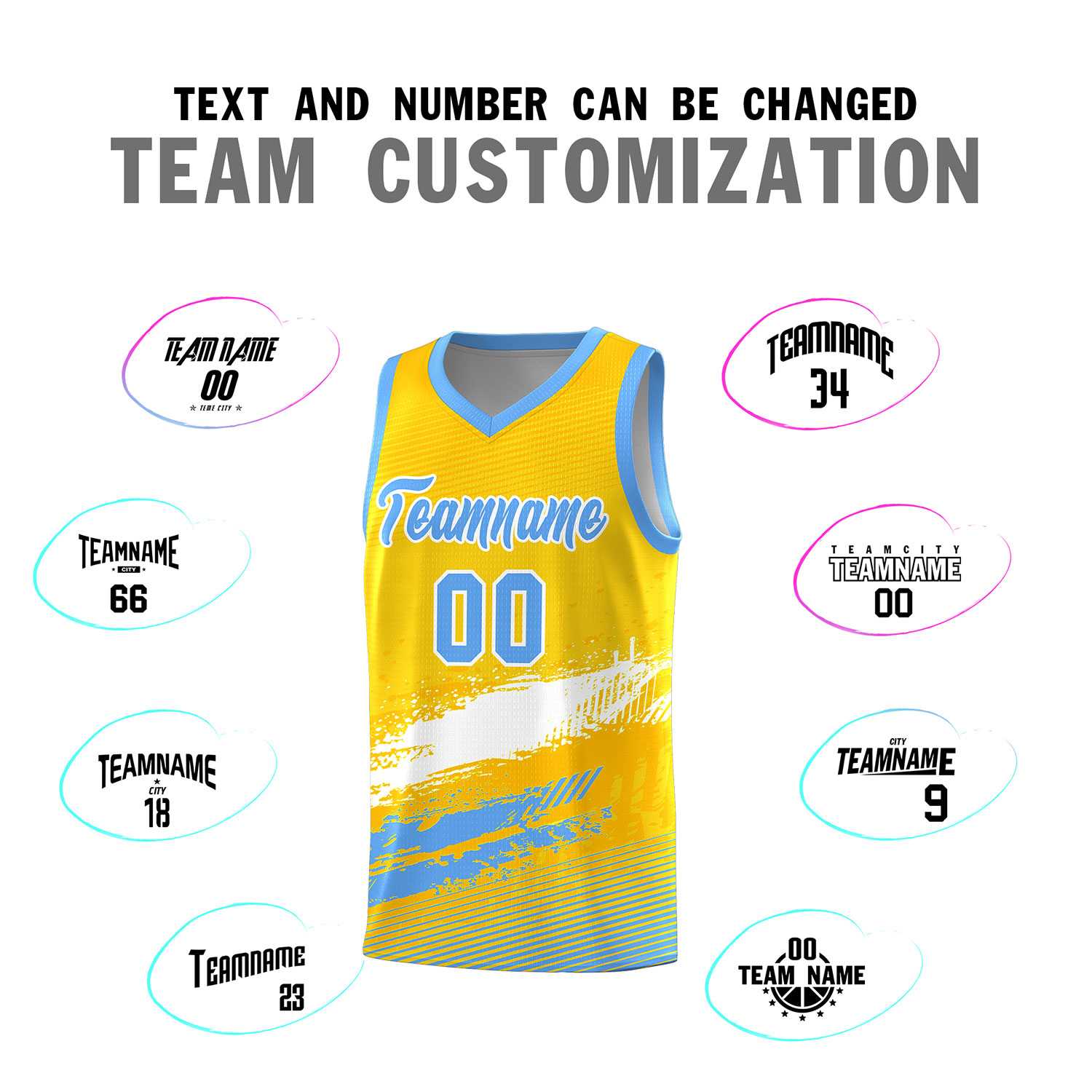 Custom Yellow White and Powder Blue Graffiti Pattern Sports Uniform Basketball Jersey