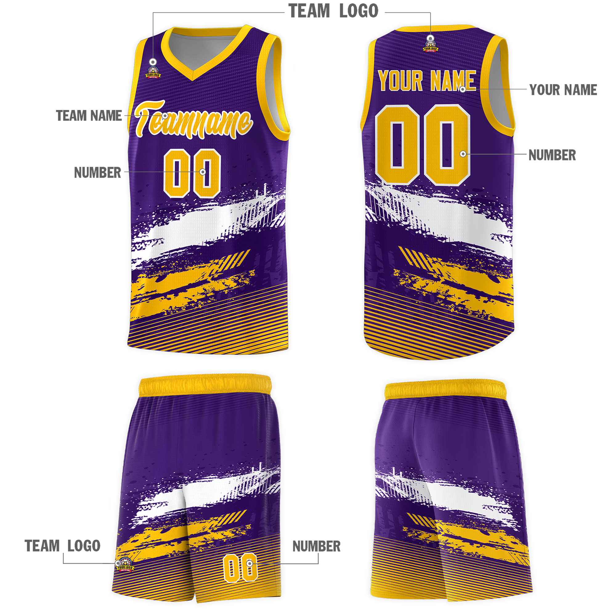 Custom Purple White and Yellow Graffiti Pattern Sports Uniform Basketball Jersey