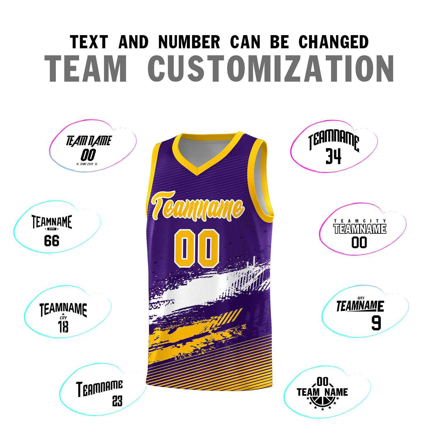 Custom Purple White and Yellow Graffiti Pattern Sports Uniform Basketball Jersey