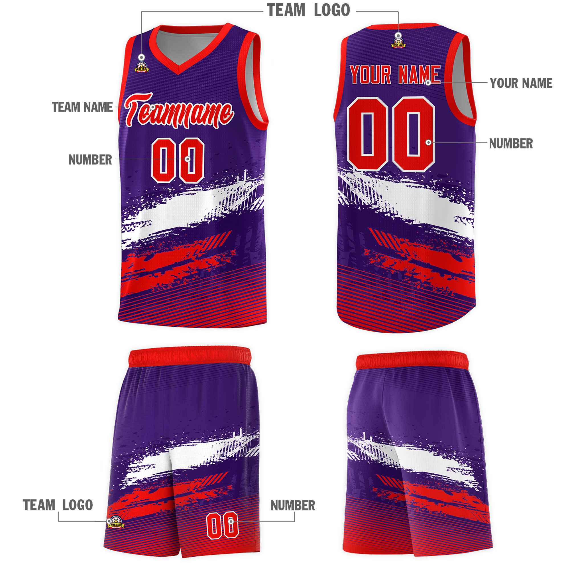 Custom Purple White and Red Graffiti Pattern Sports Uniform Basketball Jersey