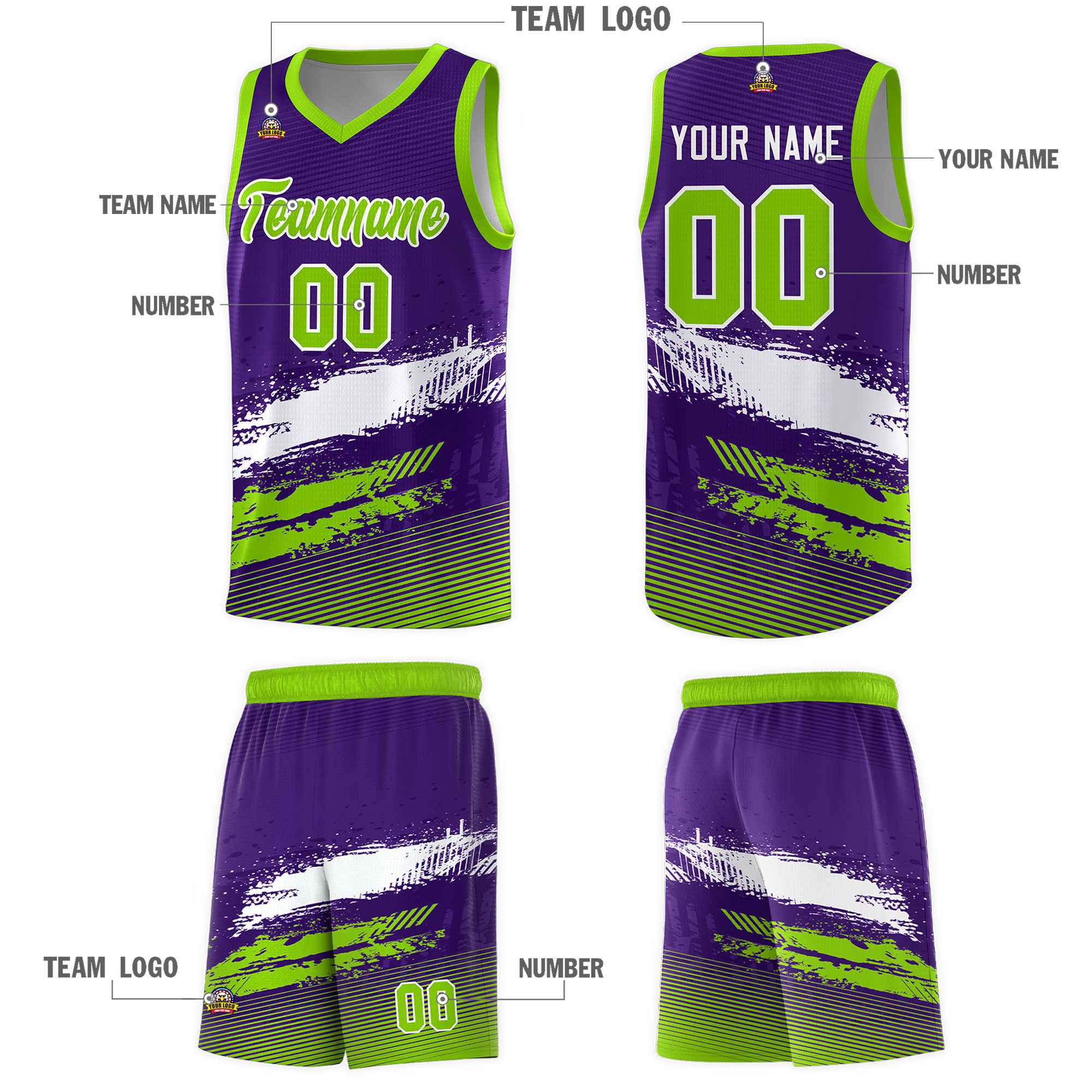 Custom Purple White and Neon Green Graffiti Pattern Sports Uniform Basketball Jersey