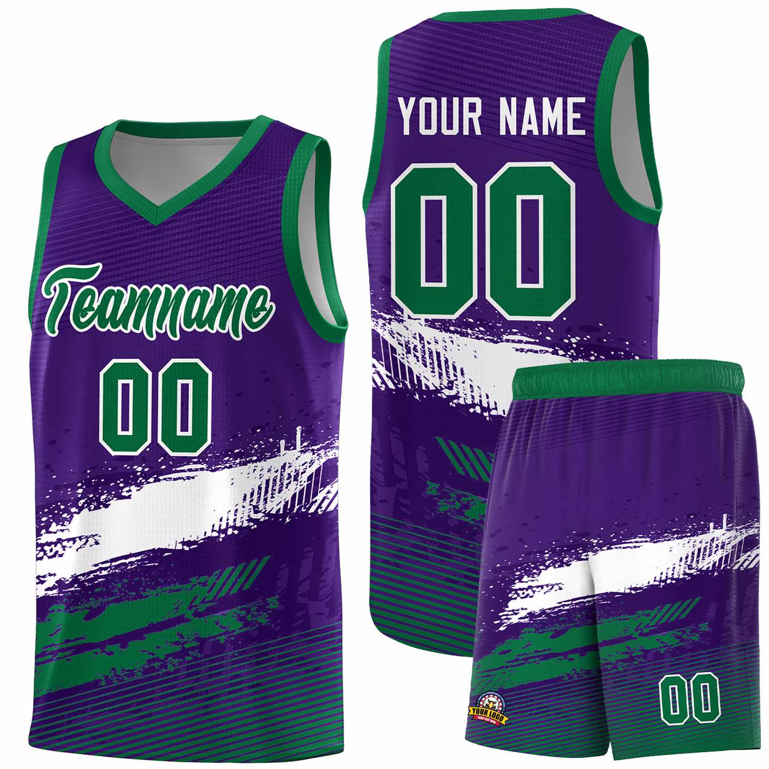 Custom Purple White and Kelly Green Graffiti Pattern Sports Uniform Basketball Jersey