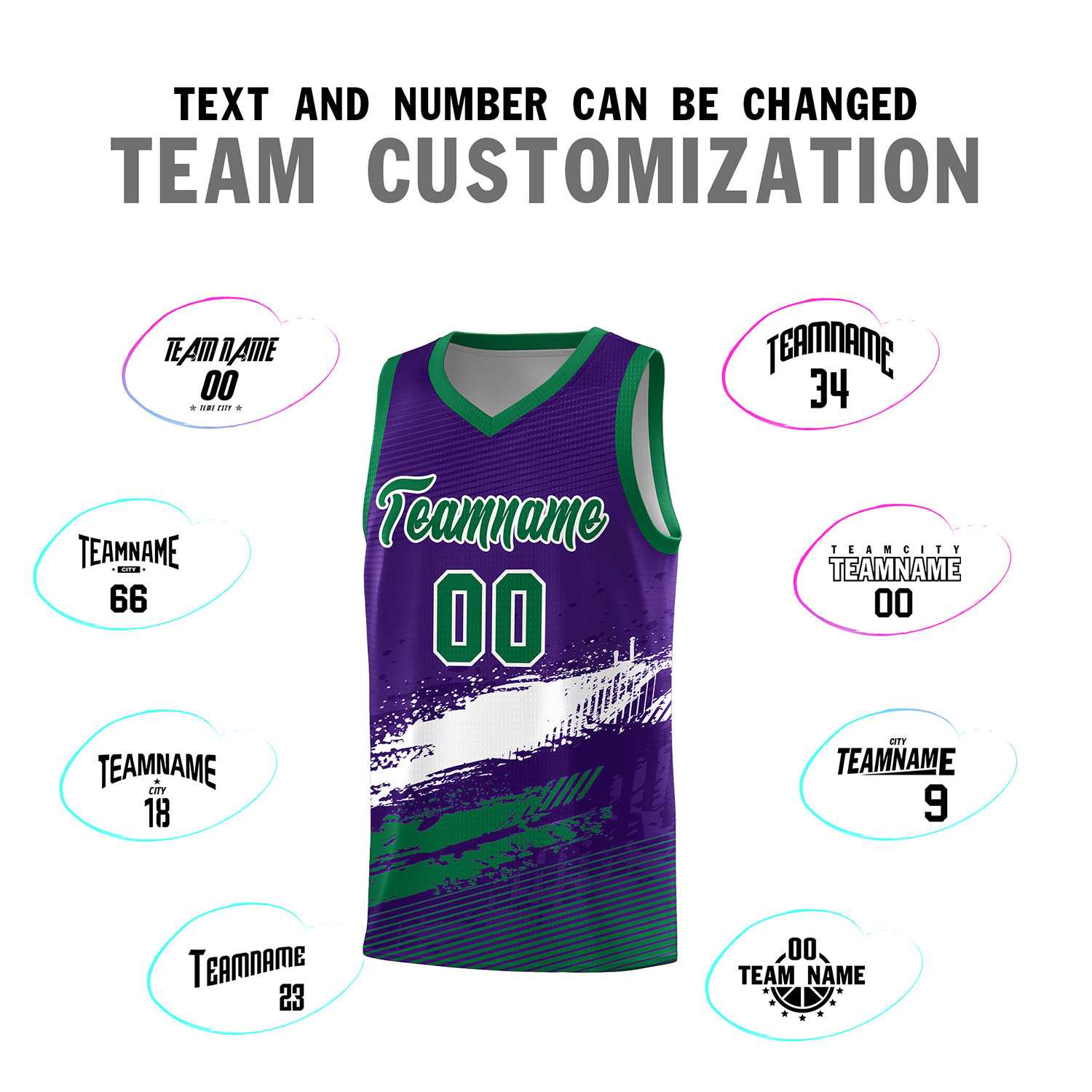 Custom Purple White and Kelly Green Graffiti Pattern Sports Uniform Basketball Jersey