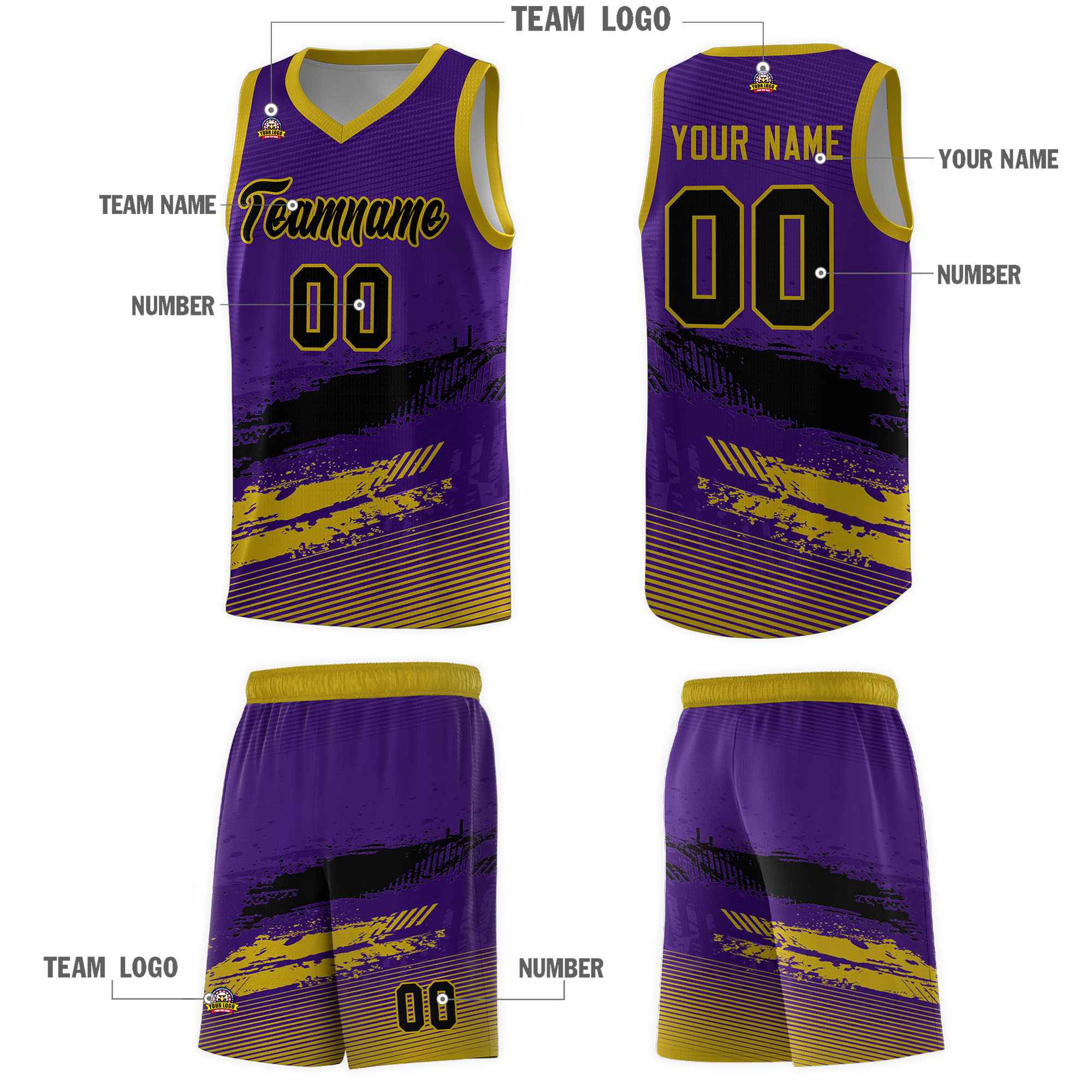 Custom Purple Black and Old Gold Graffiti Pattern Sports Uniform Basketball Jersey