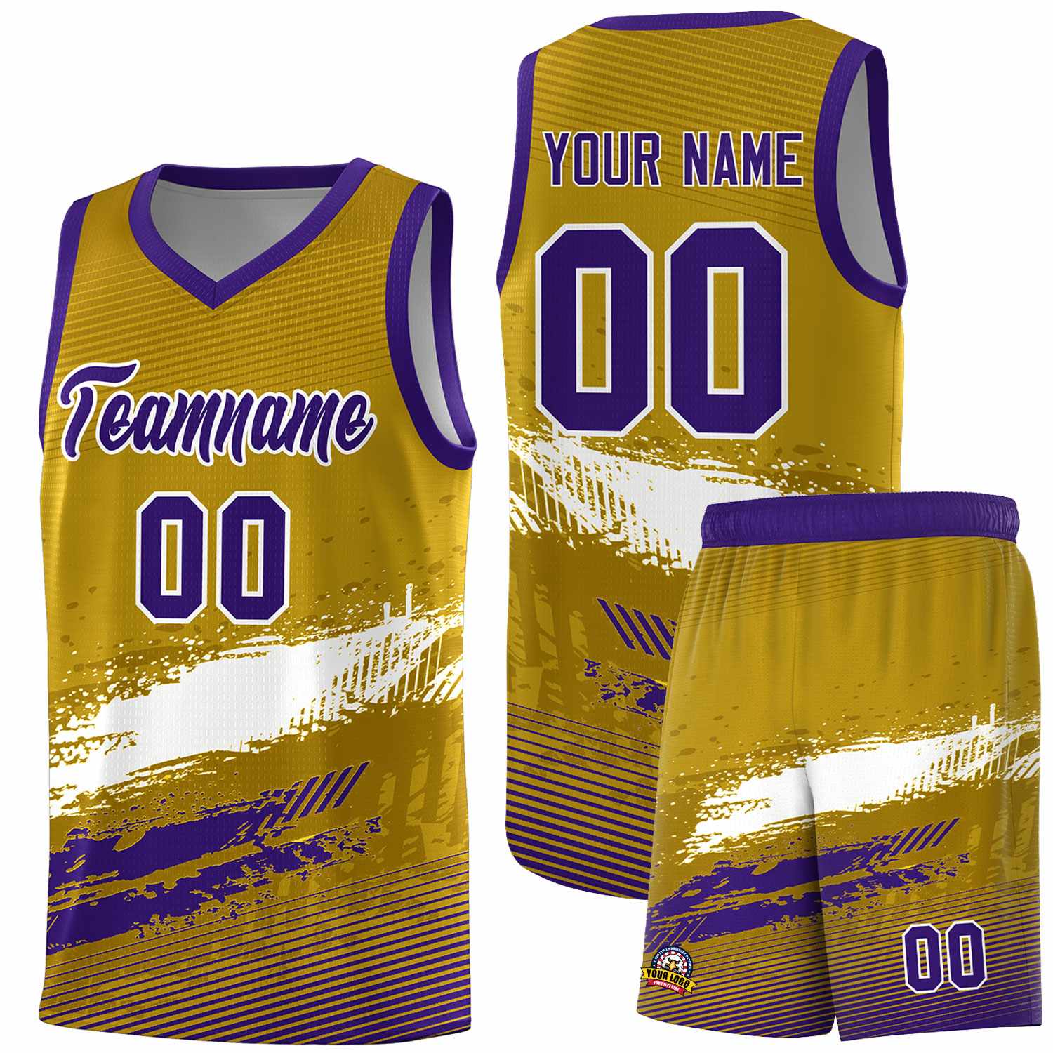 Custom Old Gold White and Purple Graffiti Pattern Sports Uniform Basketball Jersey