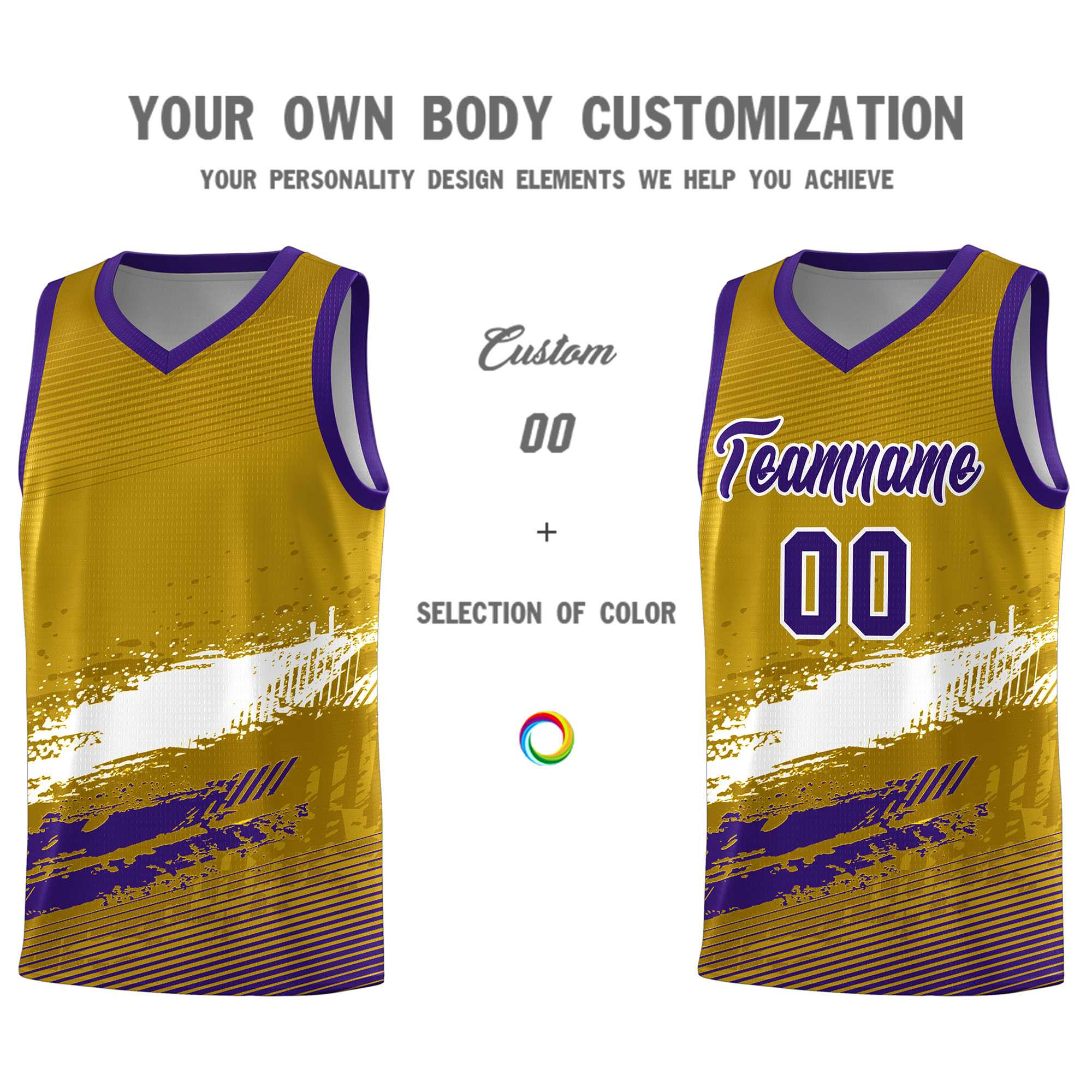 Custom Old Gold White and Purple Graffiti Pattern Sports Uniform Basketball Jersey