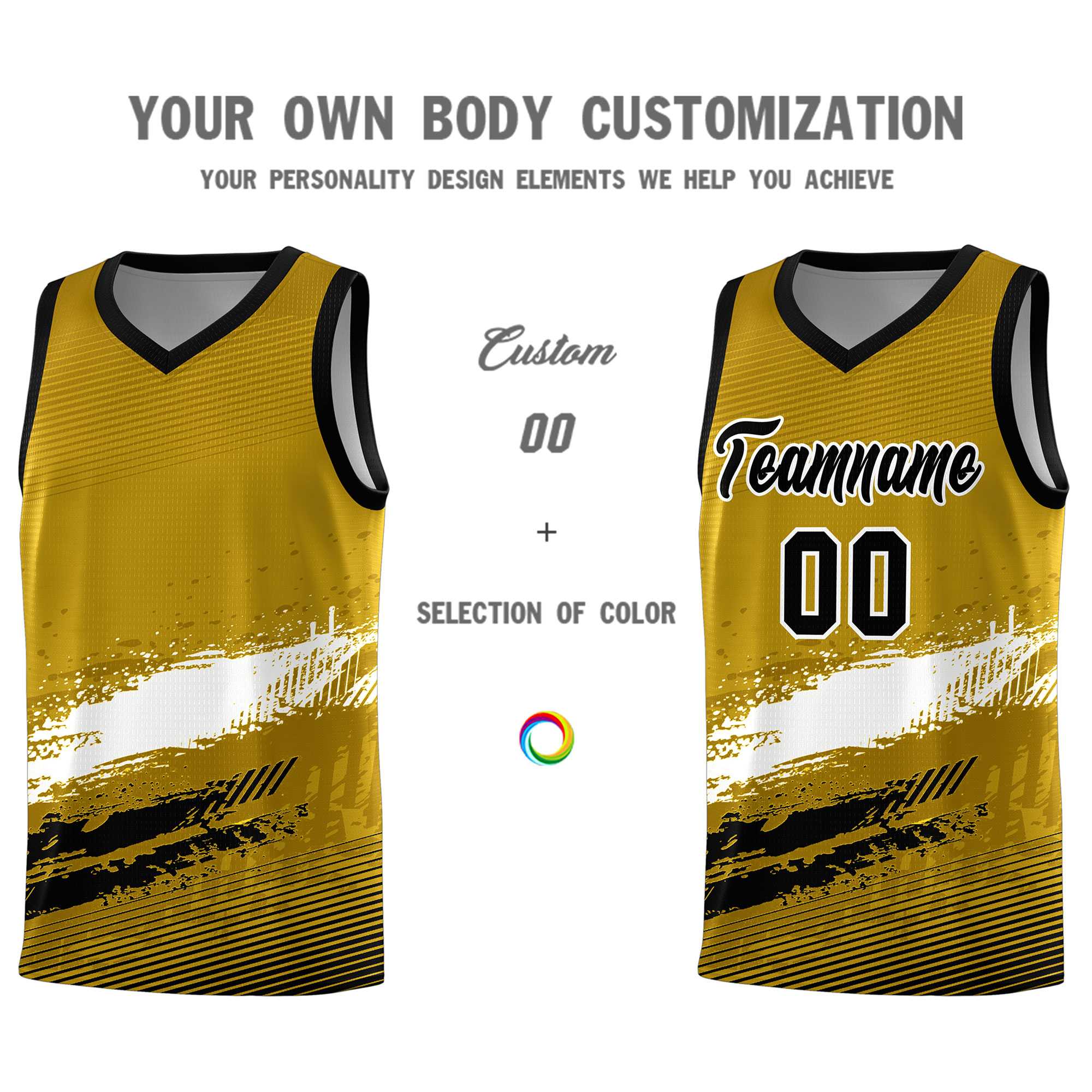 Custom Old Gold White and Black Graffiti Pattern Sports Uniform Basketball Jersey