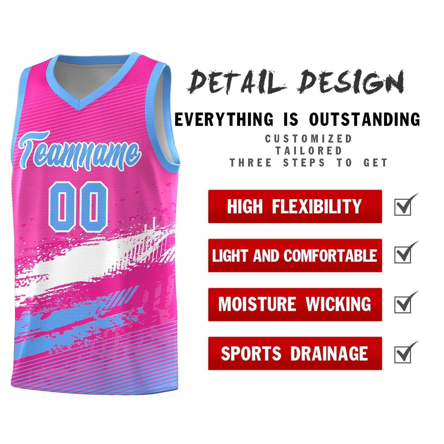 Custom Pink White and Powder Blue Graffiti Pattern Sports Uniform Basketball Jersey