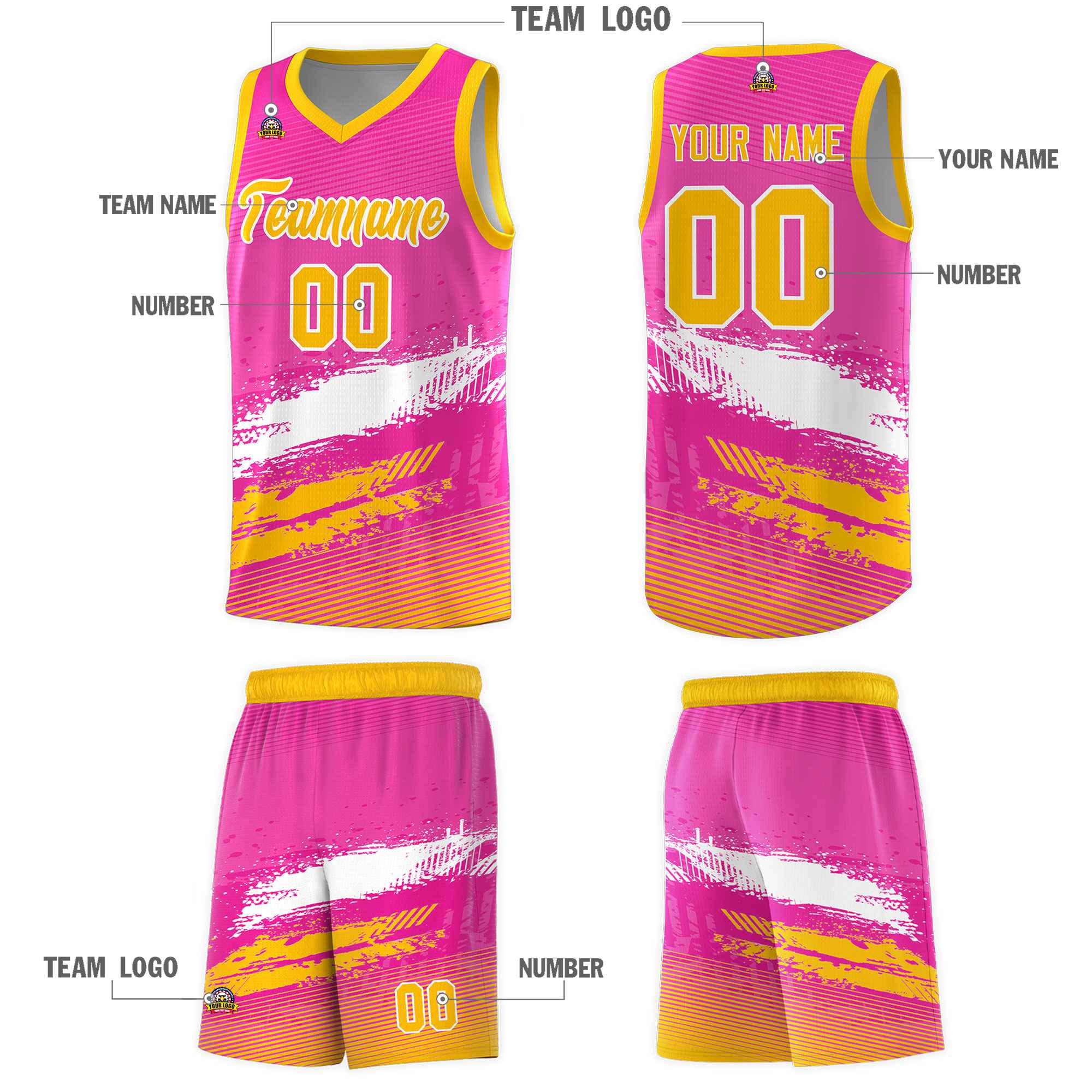 Custom Pink White and Yellow Graffiti Pattern Sports Uniform Basketball Jersey