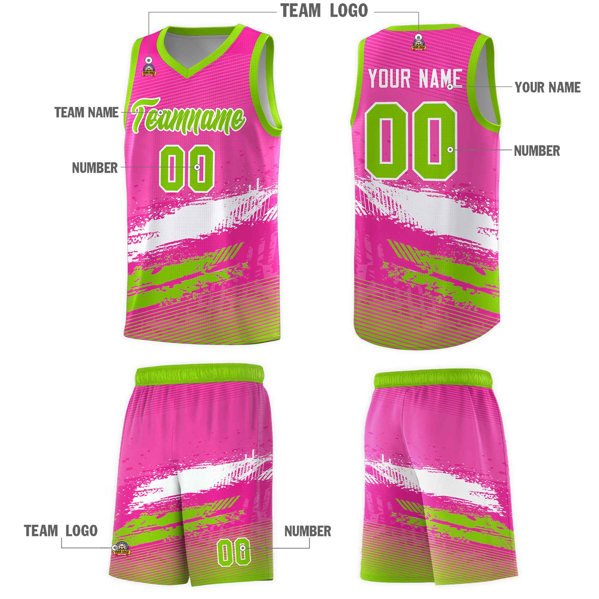 Custom Pink White and Neon Green Graffiti Pattern Sports Uniform Basketball Jersey