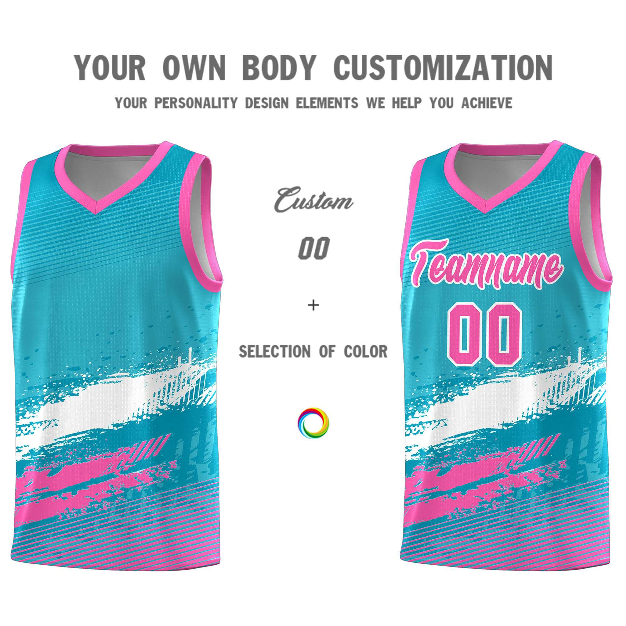 Custom Sky Blue White and Pink Graffiti Pattern Sports Uniform Basketball Jersey