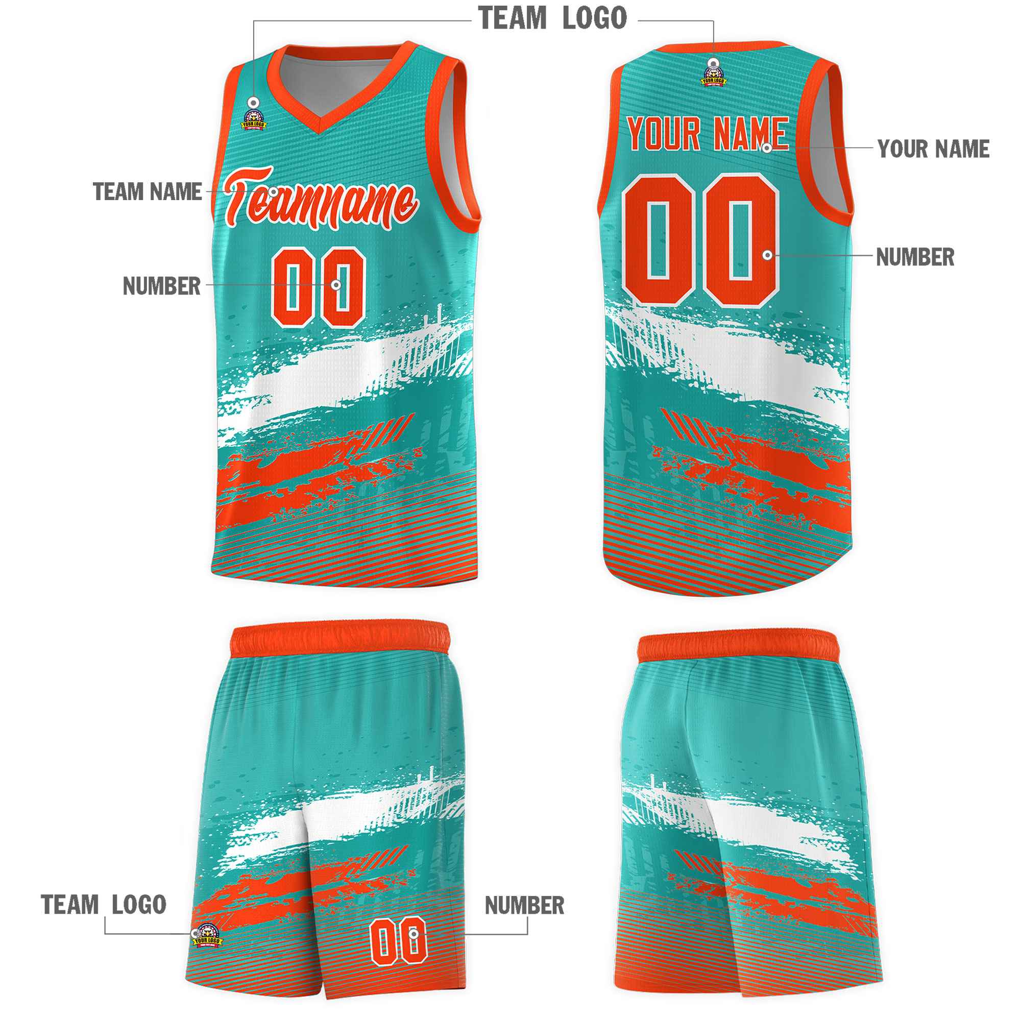 Custom Aqua White and Orange Graffiti Pattern Sports Uniform Basketball Jersey