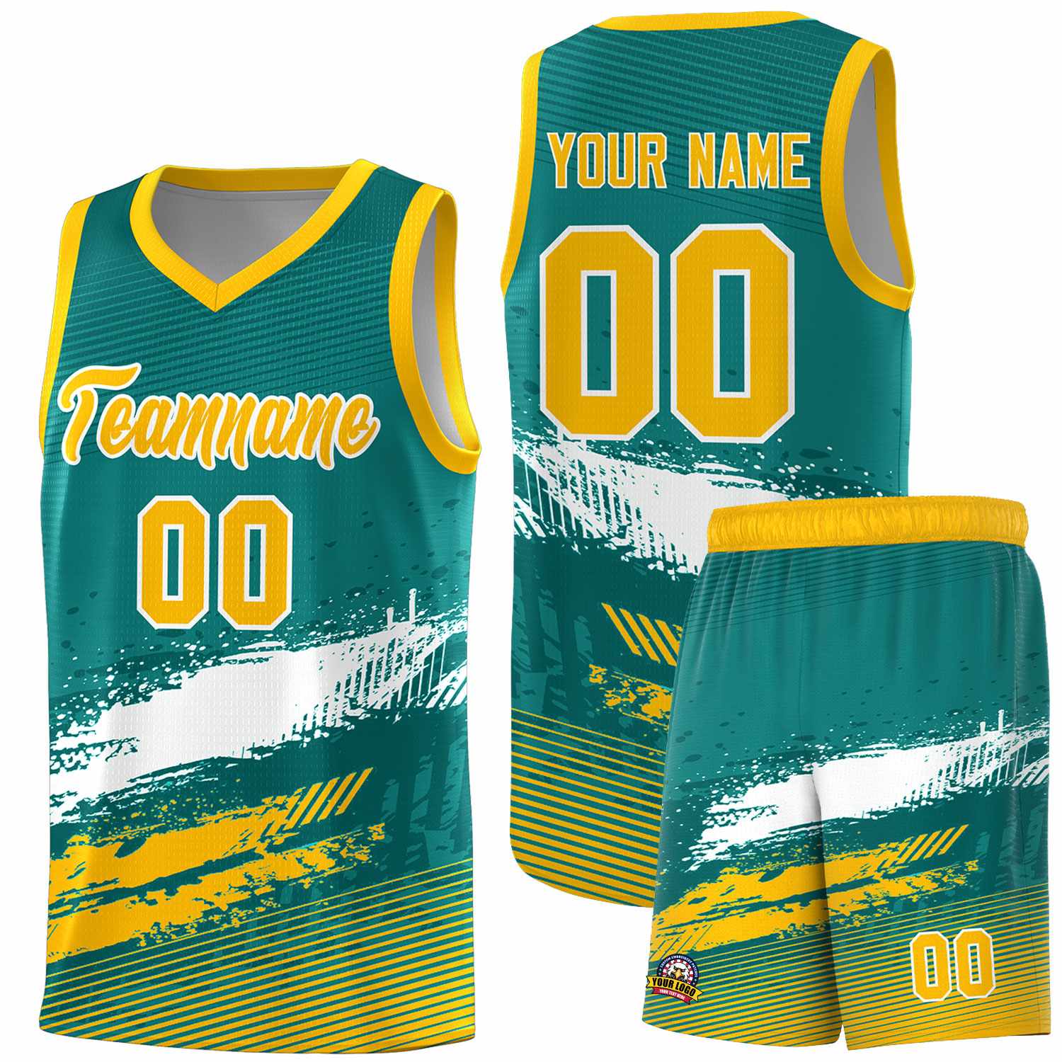 Custom Aqua White and Yellow Graffiti Pattern Sports Uniform Basketball Jersey