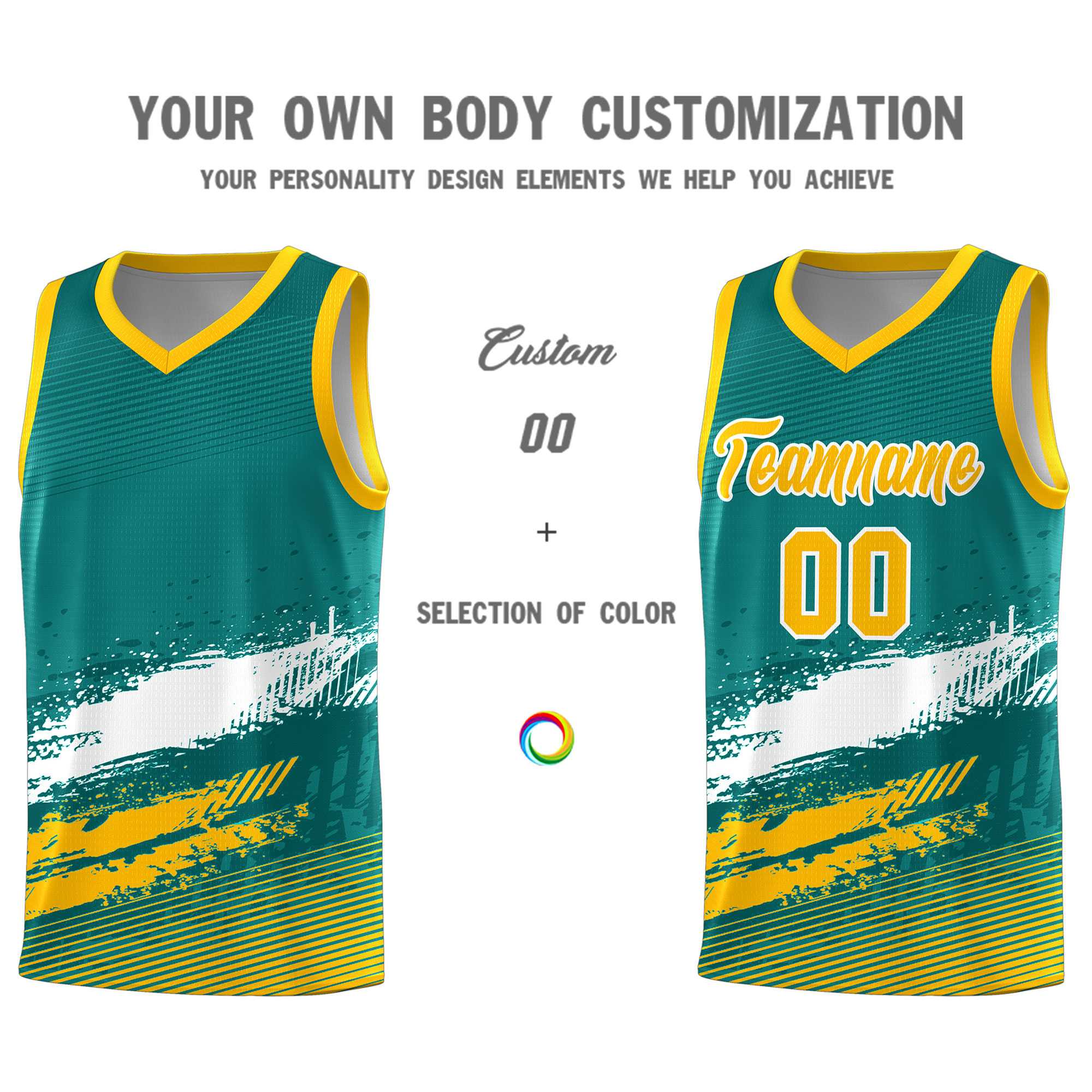 Custom Aqua White and Yellow Graffiti Pattern Sports Uniform Basketball Jersey