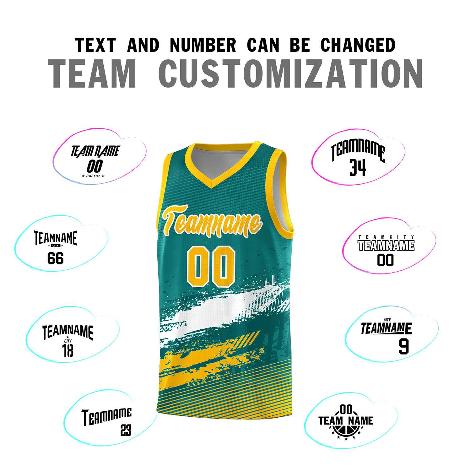 Custom Aqua White and Yellow Graffiti Pattern Sports Uniform Basketball Jersey