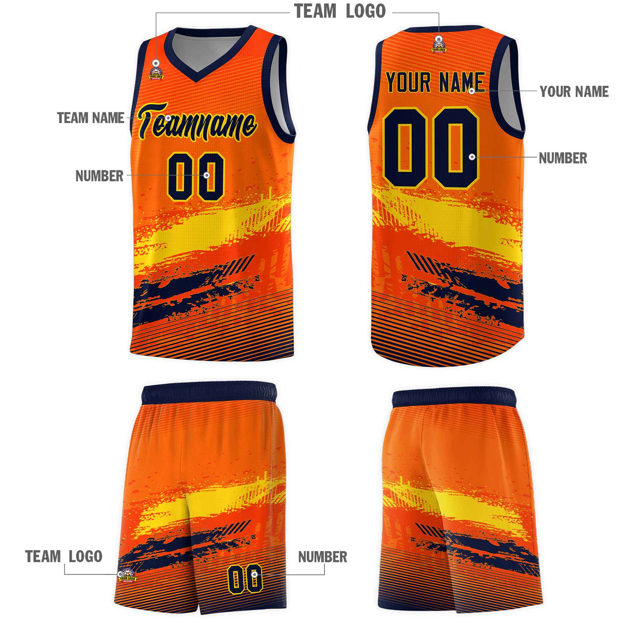 Custom Orange Gold and Navy Graffiti Pattern Sports Uniform Basketball Jersey