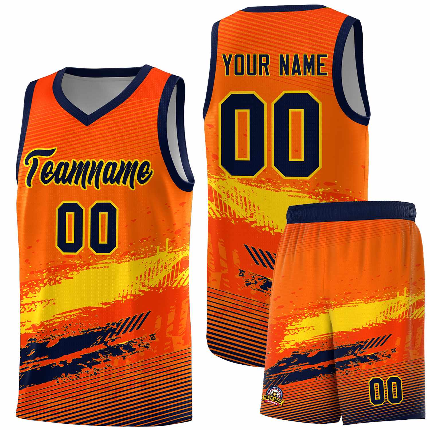 Custom Orange Gold and Navy Graffiti Pattern Sports Uniform Basketball Jersey