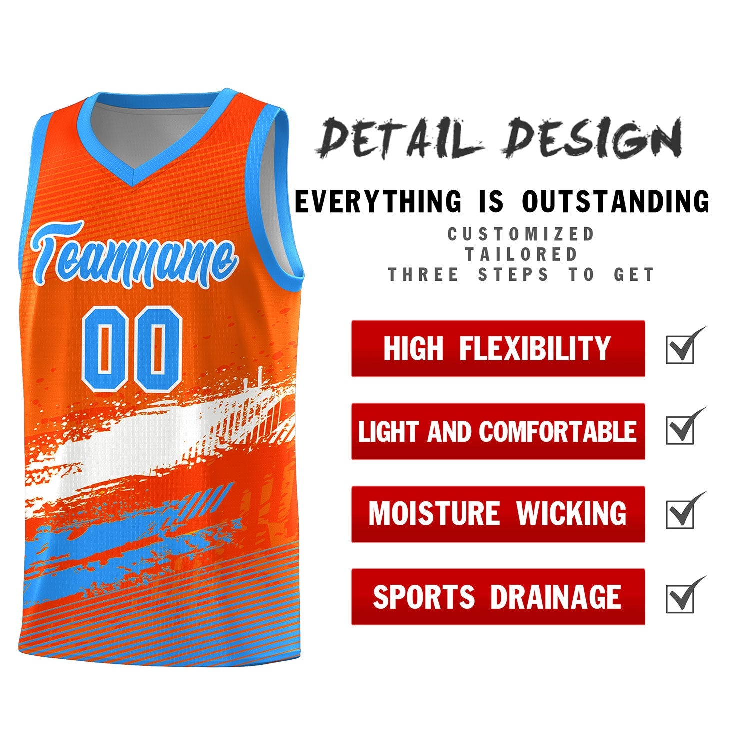 Custom Orange White and Powder Blue Graffiti Pattern Sports Uniform Basketball Jersey