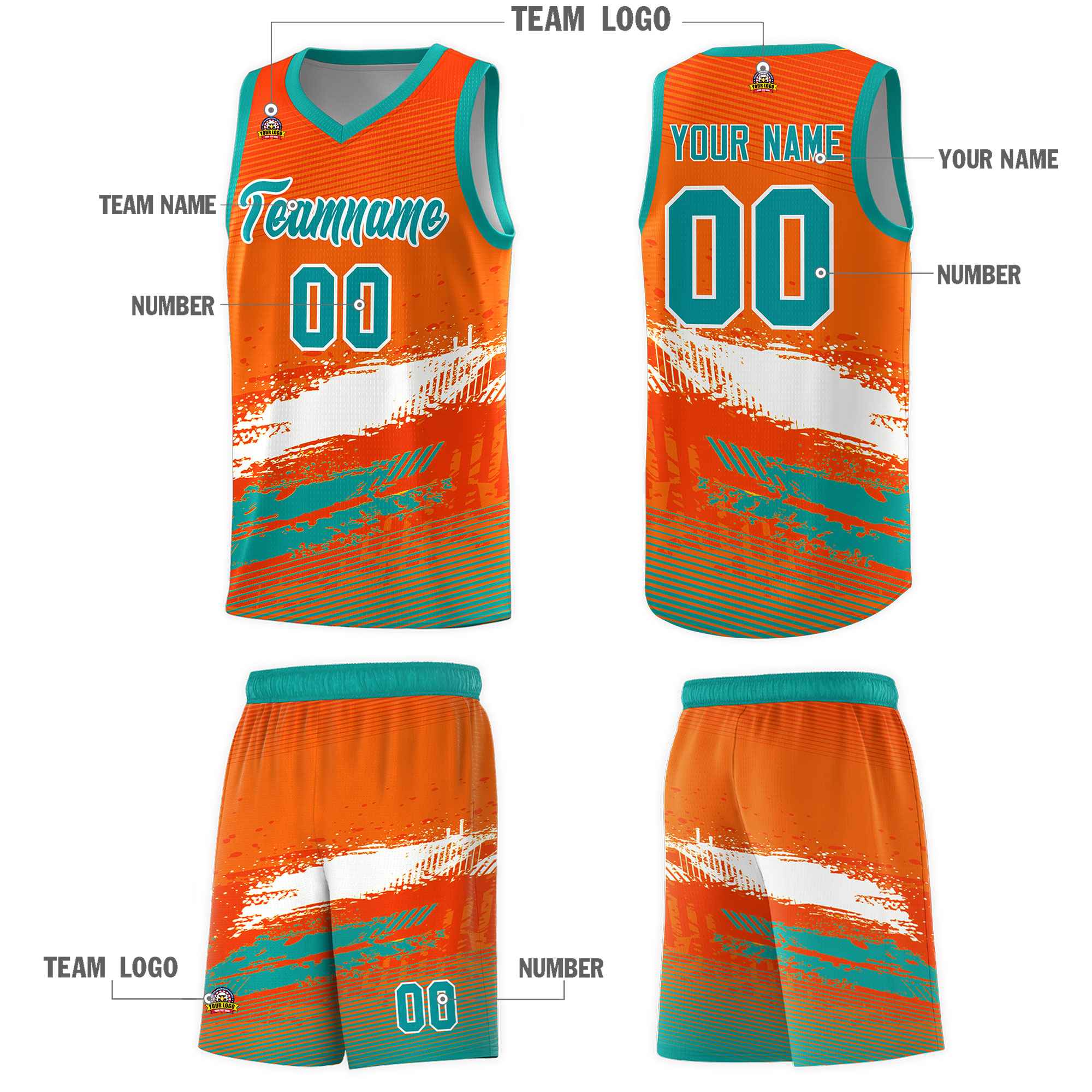 Custom Orange White and Aqua Graffiti Pattern Sports Uniform Basketball Jersey