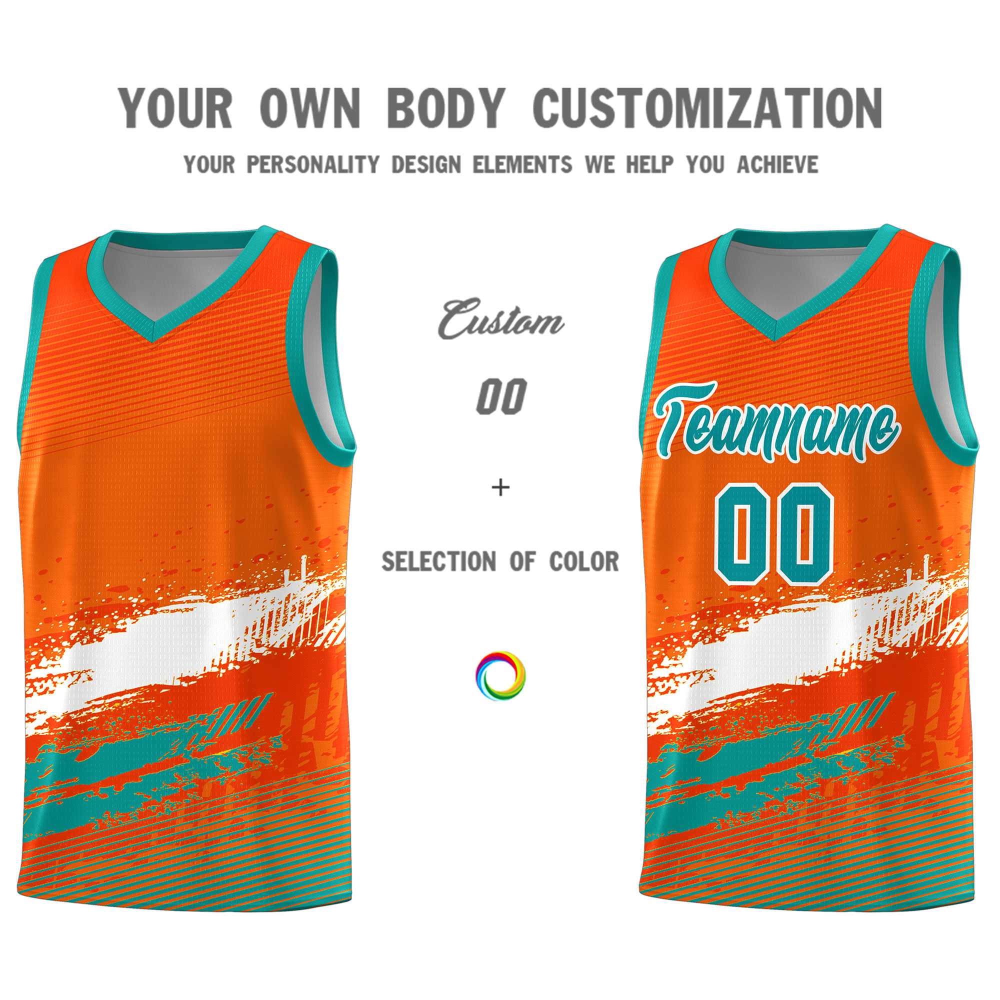 Custom Orange White and Aqua Graffiti Pattern Sports Uniform Basketball Jersey