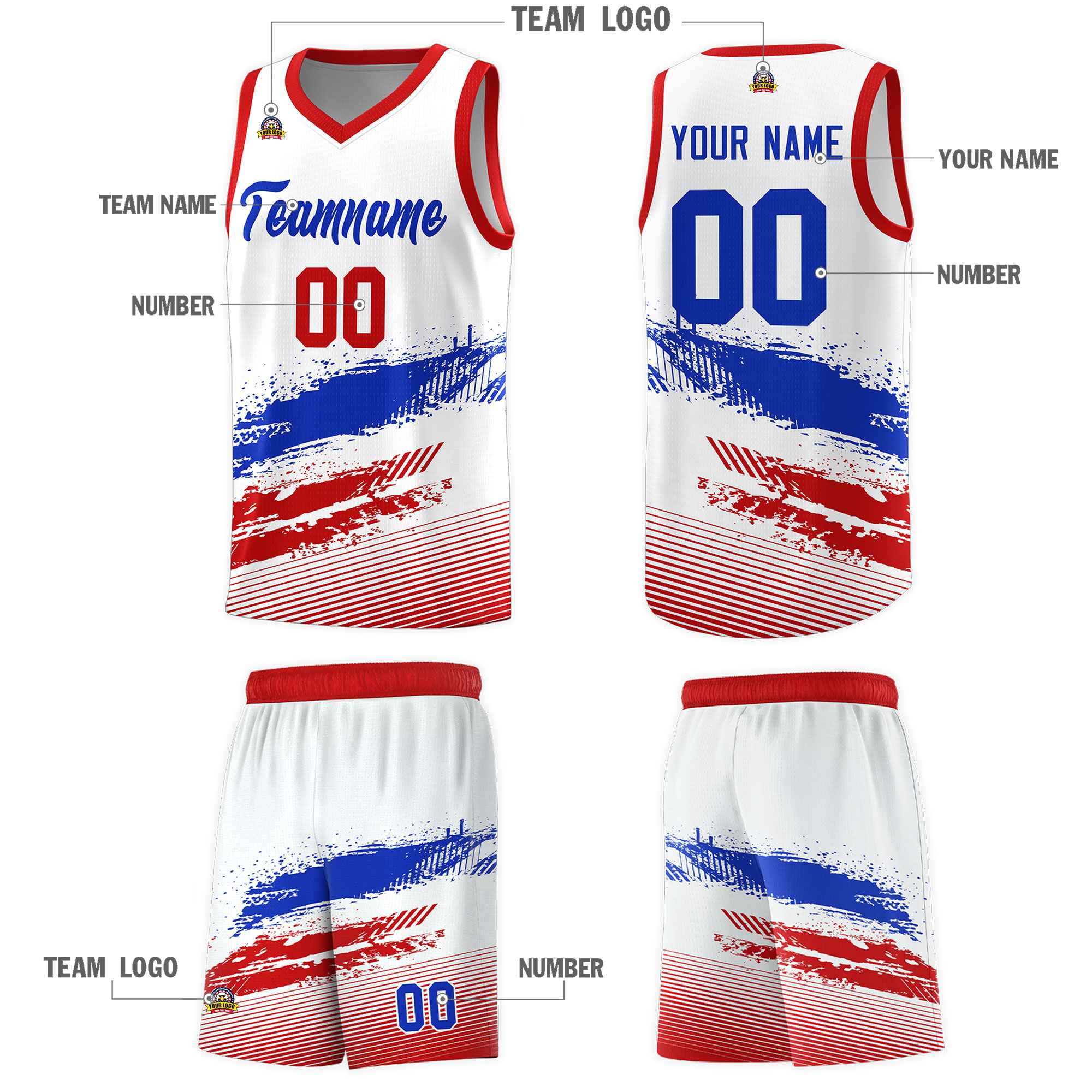 Custom White Royal and Red Graffiti Pattern Sports Uniform Basketball Jersey