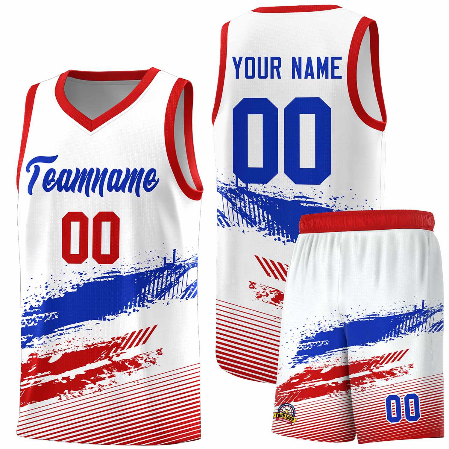 Custom White Royal and Red Graffiti Pattern Sports Uniform Basketball Jersey