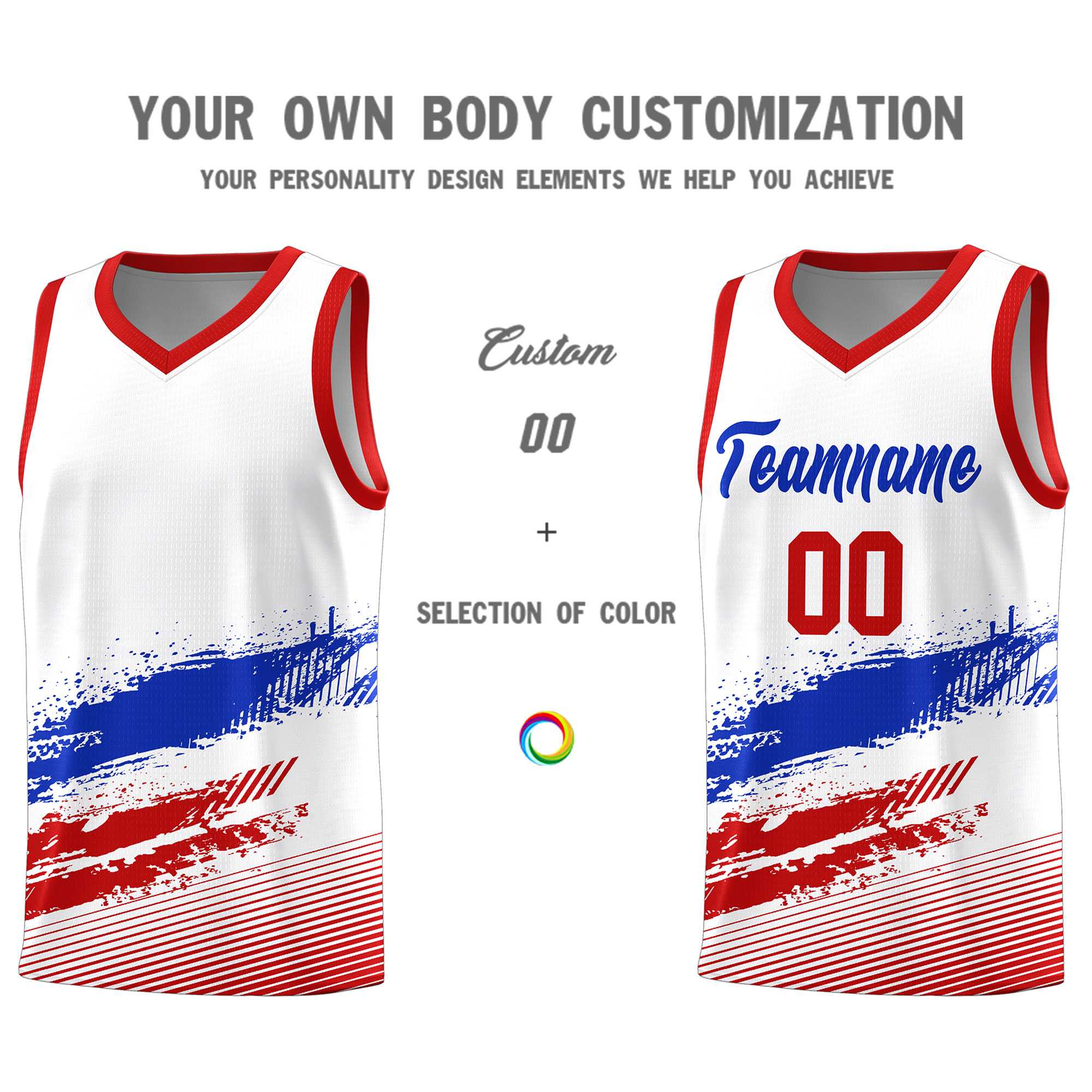 Custom White Royal and Red Graffiti Pattern Sports Uniform Basketball Jersey